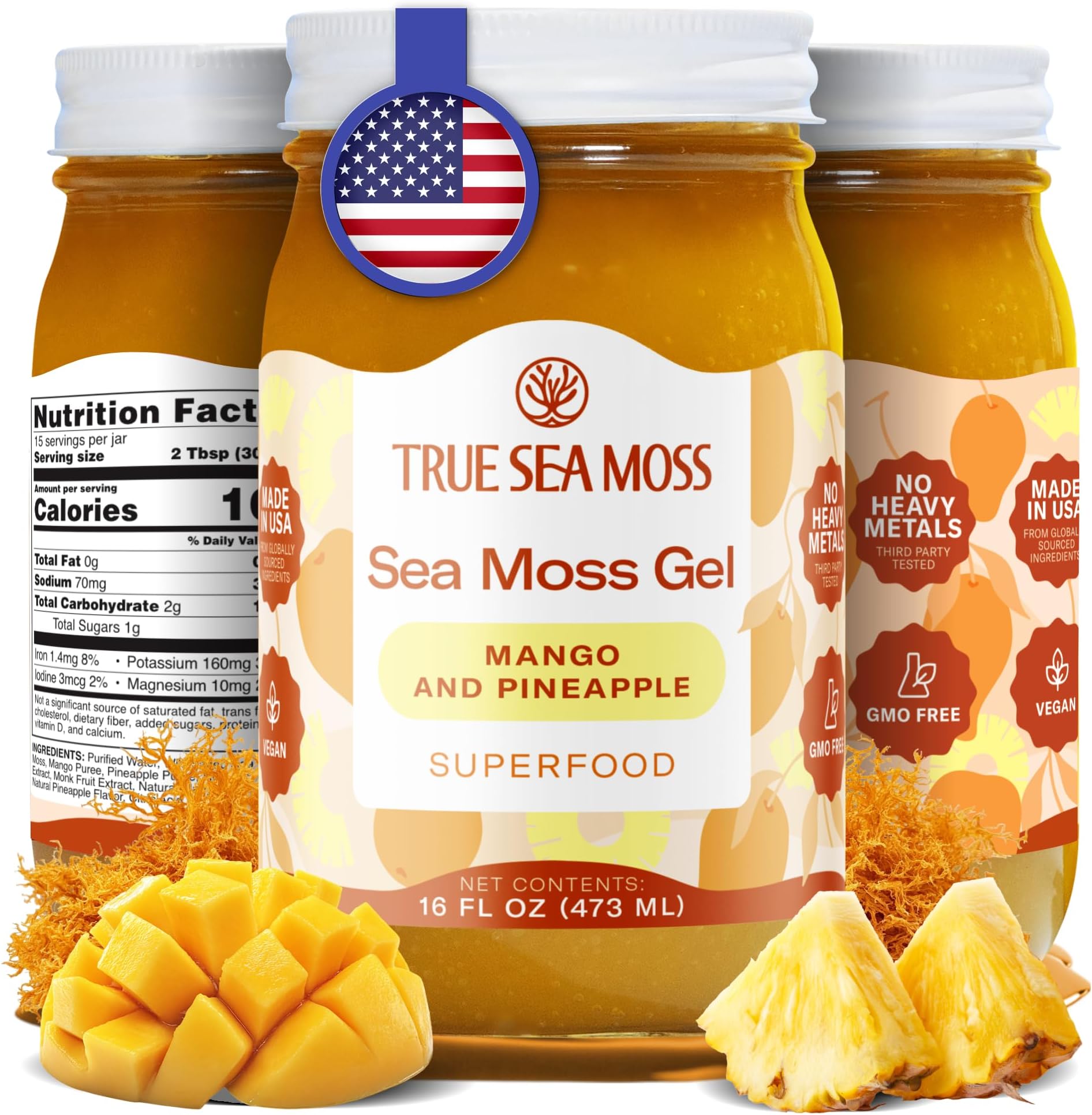 TrueSeaMoss Wildcrafted Irish Sea Moss Gel - Seamoss, Gut Health & Antioxidant Supports - Made in USA (MANGO/PINEAPPLE, Pack of 1)
