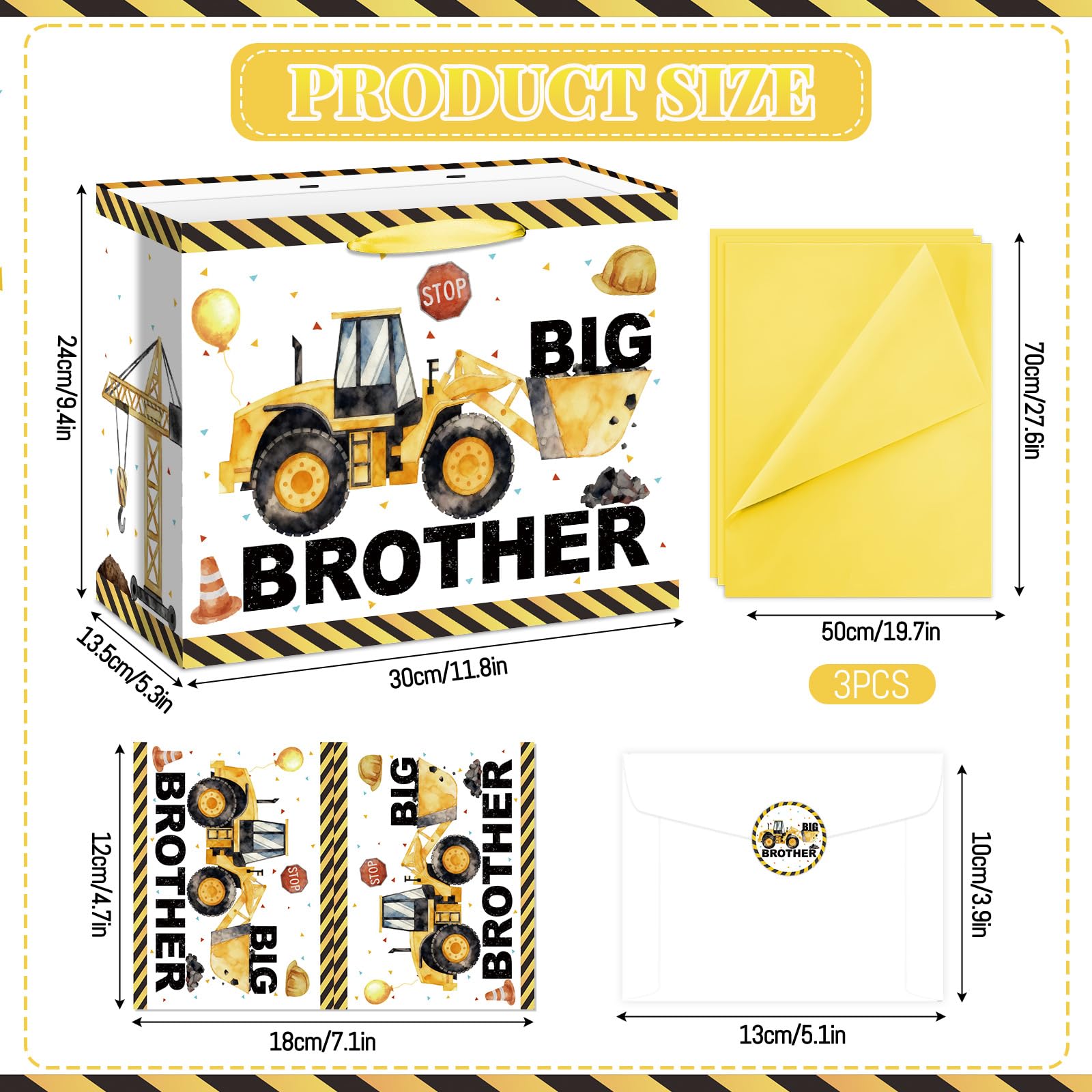 Big Brother Gift Bag for Boys Big Bro Birthday Gift Bag with Wrapping Paper Card Sticker Envelope Construction Gifts for Little Boy Son Grandson Nephew New Baby Birthday Party Decorations Supplies