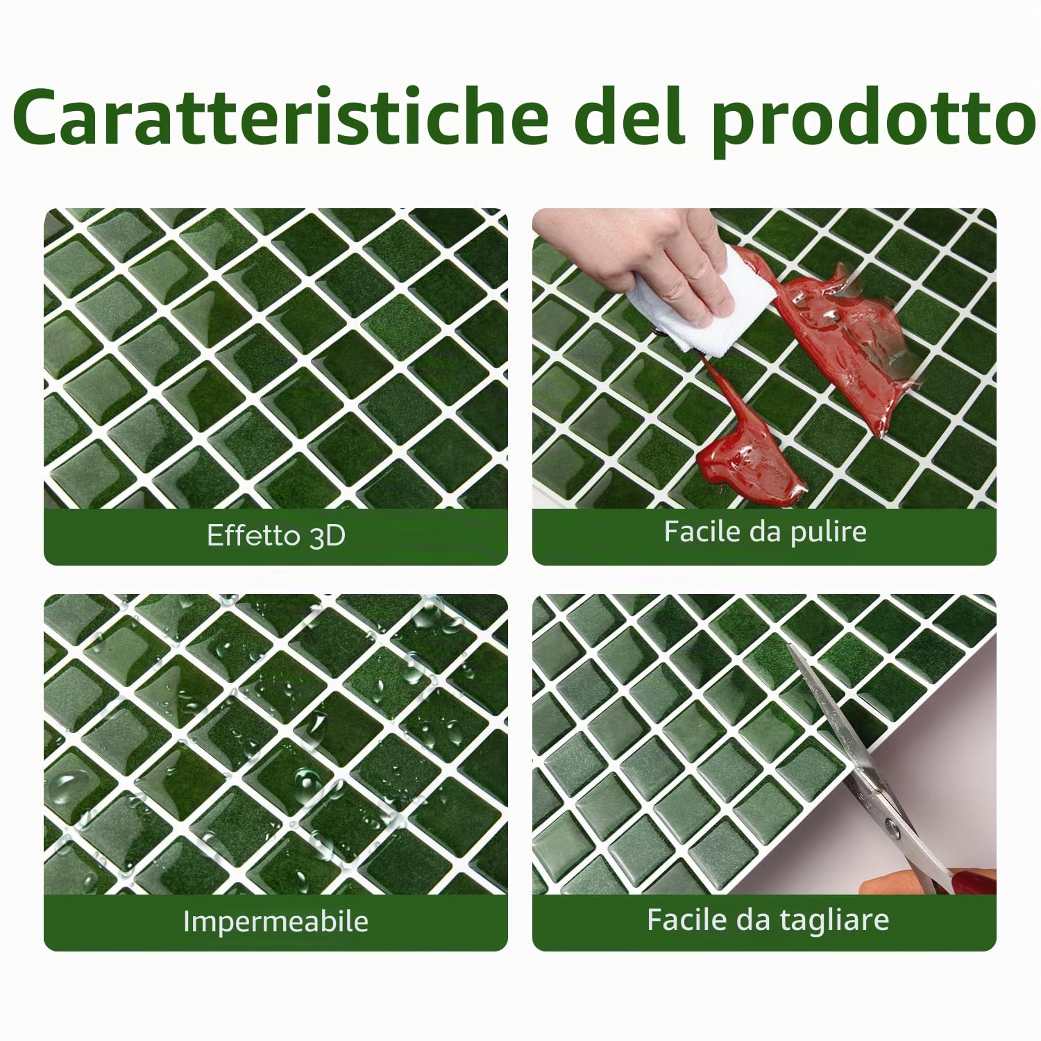 Alwayspon Piastrelle adesive da parete in vinile 3D a mosaico, 25,4 x 25,4 cm, impermeabili, autoadesive, paraspruzzi, per cucina, bagno, parete, verde retrò, 10 pezzi