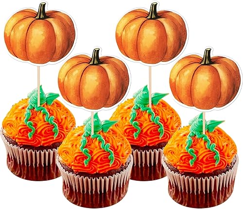 Paquete de 30 adornos de calabaza para cupcakes de cosecha de otoño para baby shower, cosecha de otoño, fiesta temática de fiesta de cumpleaños,