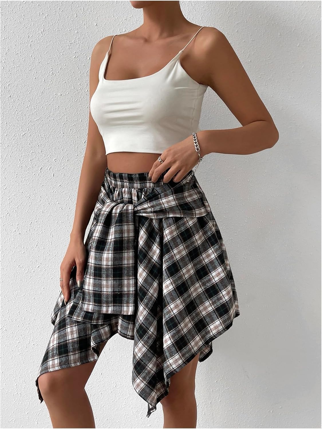 SHENHE Women's Plaid Skirt Tie Front Knot High Waist Asymmetrical Flowy Fall Short Skirt - Image 5
