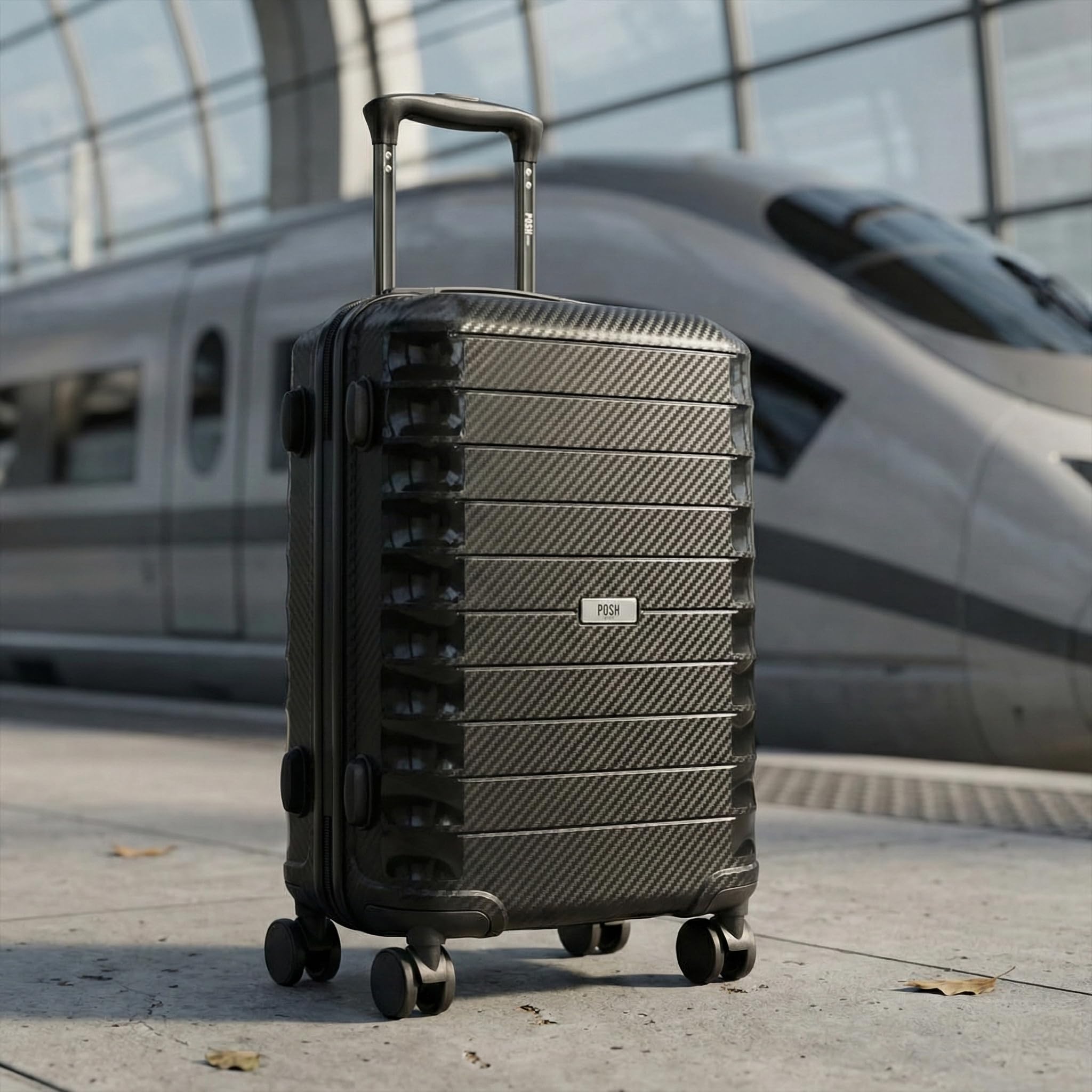 POSH Valigia rigida M in polipropilene - Trolley leggero da cabina 2,5 kg con effetto carbonio - Bagagli robusta con 4 doppie ruote – Capacità 40 litri, resistente ai graffi - 60x40x23 cm