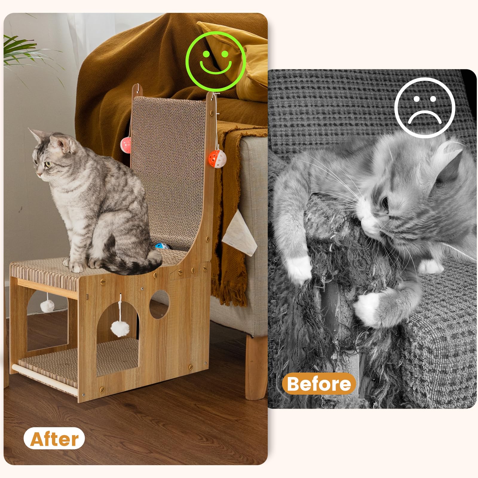 YEMOO Rascador para gatos, tabla rascadora de doble capa en L, rascador vertical en forma de L para protección de pared y sofá, rascador de cartón para gatos con 2 juguetes de bola para gatos de