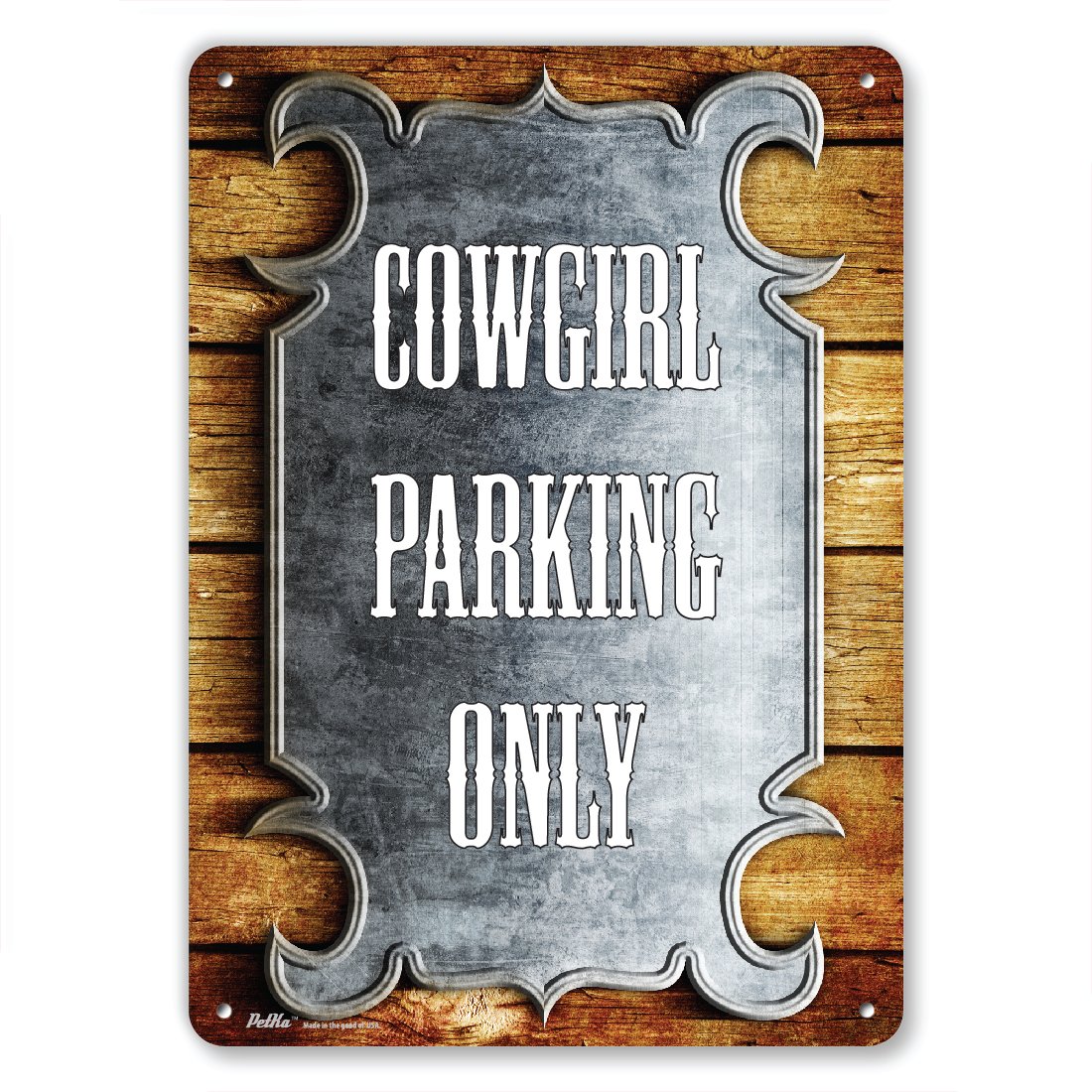 Panneau Cowgirl Parking Only pour délimiter une place avec originalité en métal et bois