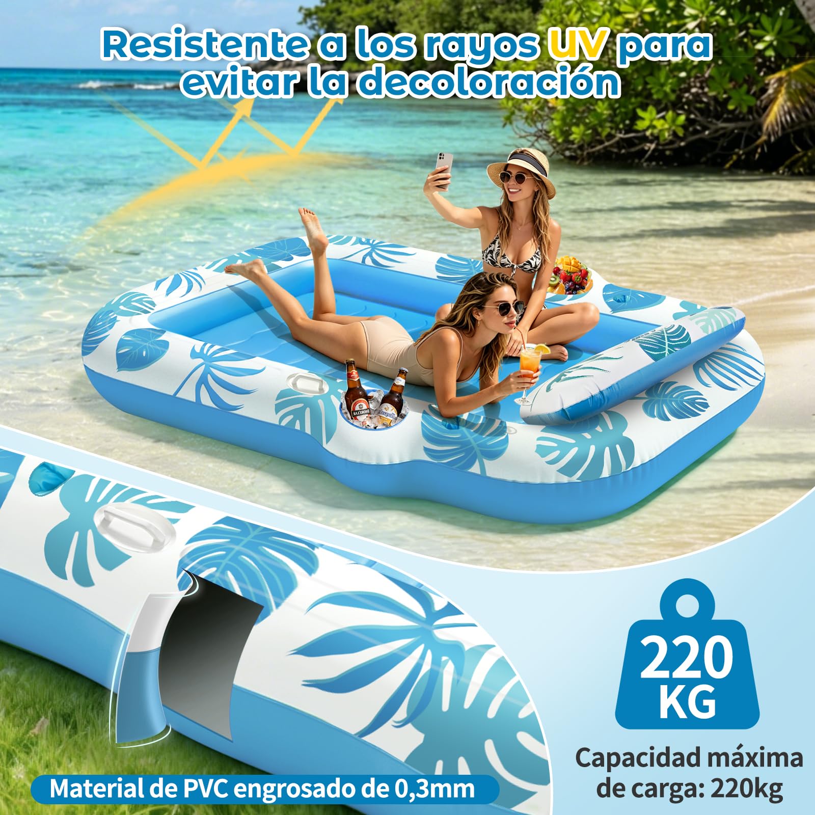 JONRRYIN Colchoneta Piscina Adultos 2 Personas, Tanning Pool 225×190 cm, Colchoneta Hinchable con Función de Rociado y 2 Portavasos, Hamaca Hinchable Flotador para Playa y Agua