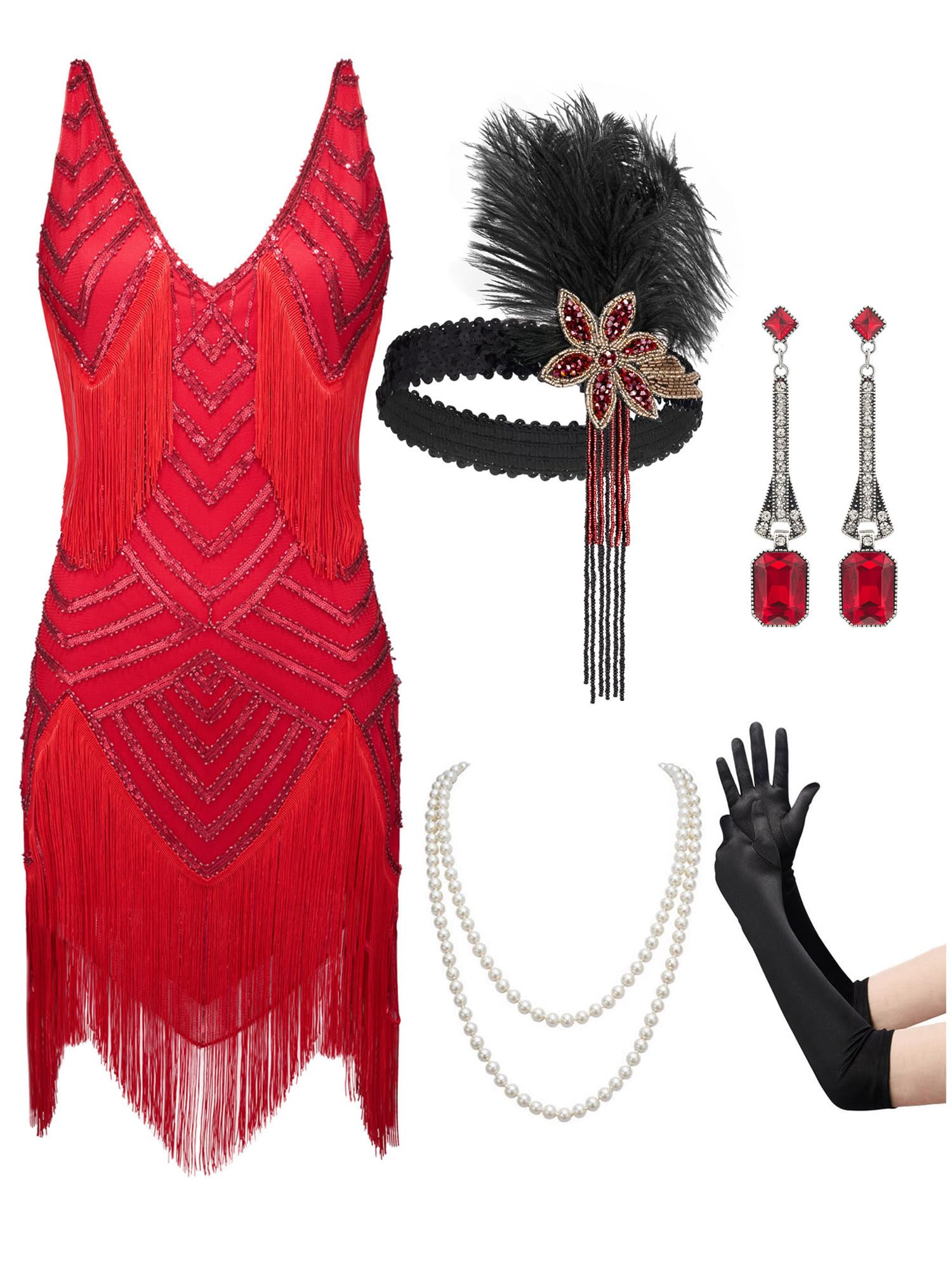 SWEETV 1920 Style Dresses for Women,Sleeveless Flapper Dresses 1920s Gatsby Roaring 20s Costumes with 20s Accessories Set For Harlem Nights/Formal/Cocktail/Party/Prom/Club/Wedding,Large,Red