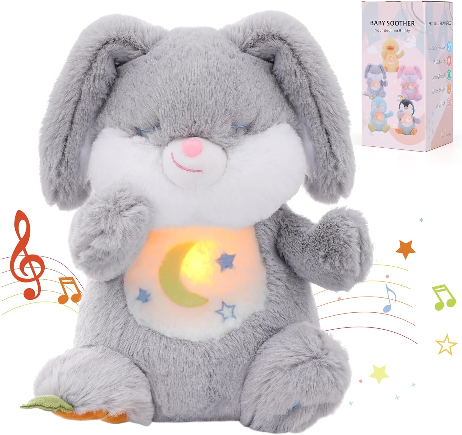 Schlummer Kuscheltier - Schlummer Hasen Mit Simuliertem Atem, Musik Und Licht, Atmendes Kuscheltier Schlummerotter Für Mädchen Und Jungen, Ostern Geschenke Kinder(Grau Hasen)