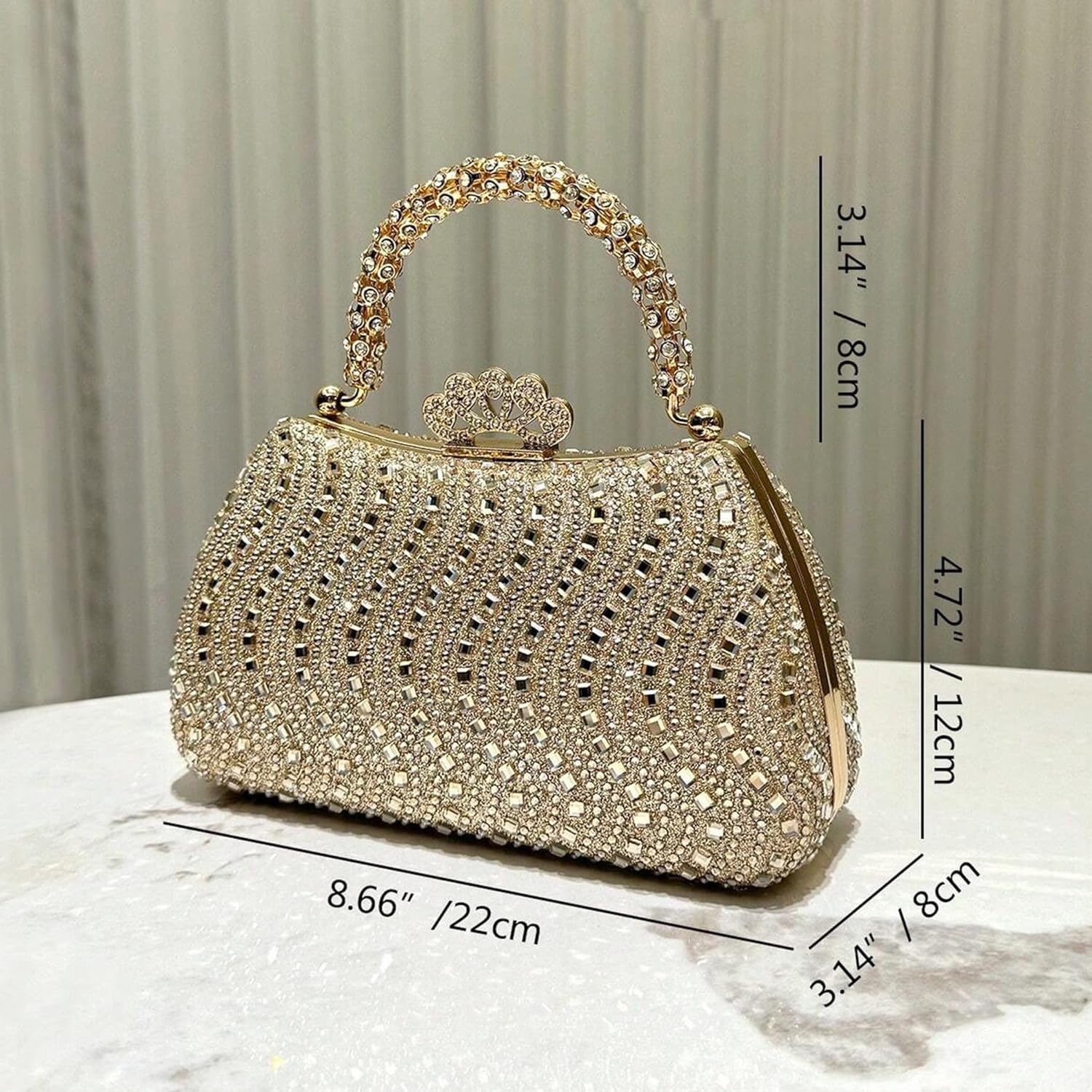 Women's Crystal Evening Rhinestone Handbag with Gold Handle Crown Claspr, Detachable Chain Formal Purse for Prom Gala for Wedding Party (Light Gold)