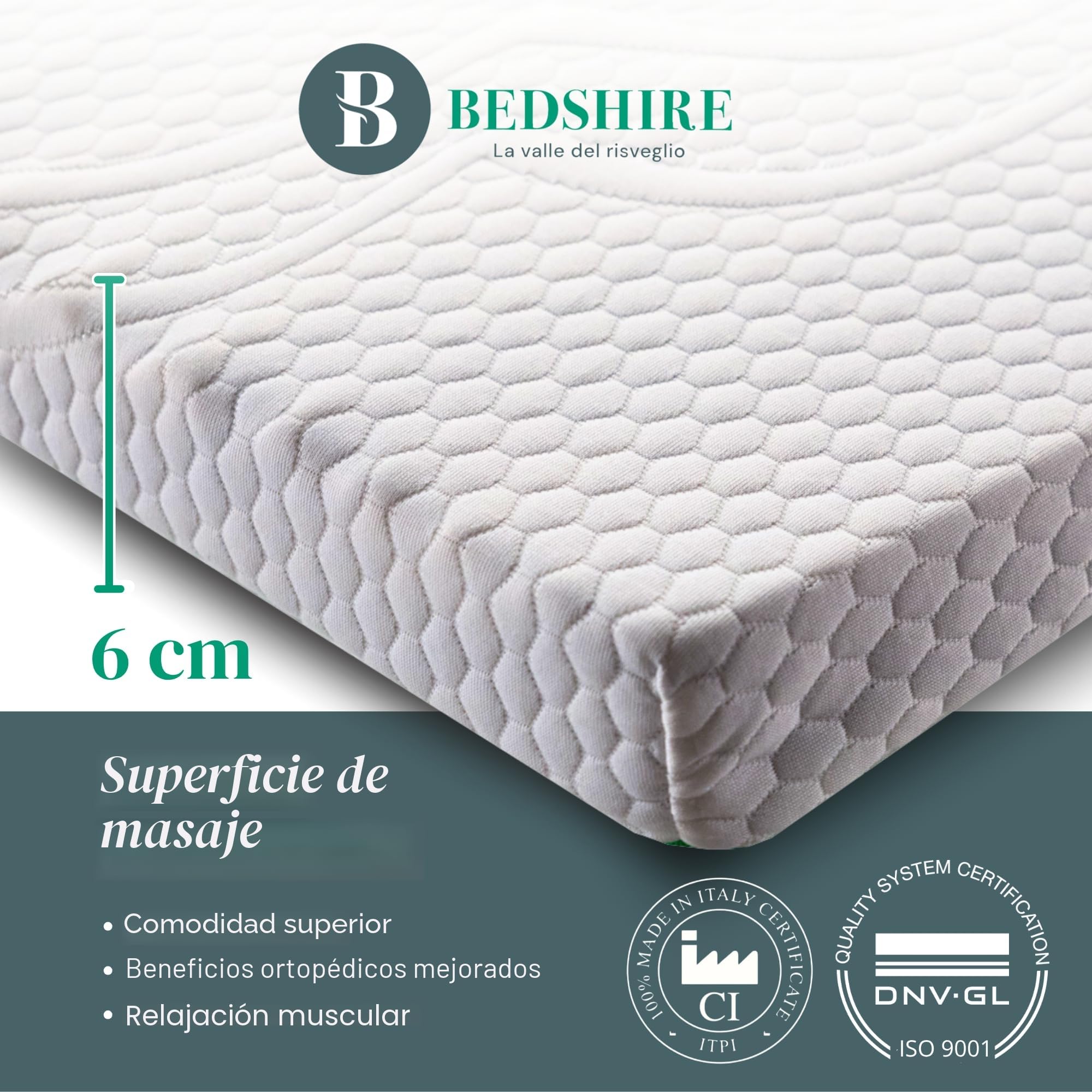 Bedshire Sobrecolchón Matrimoniale de 180x190 cm, Topper con Espuma viscoelástica Memoria de 6 cm de Alto con Revestimiento extraíble, ortopédico, Fabricado en Italia 100%
