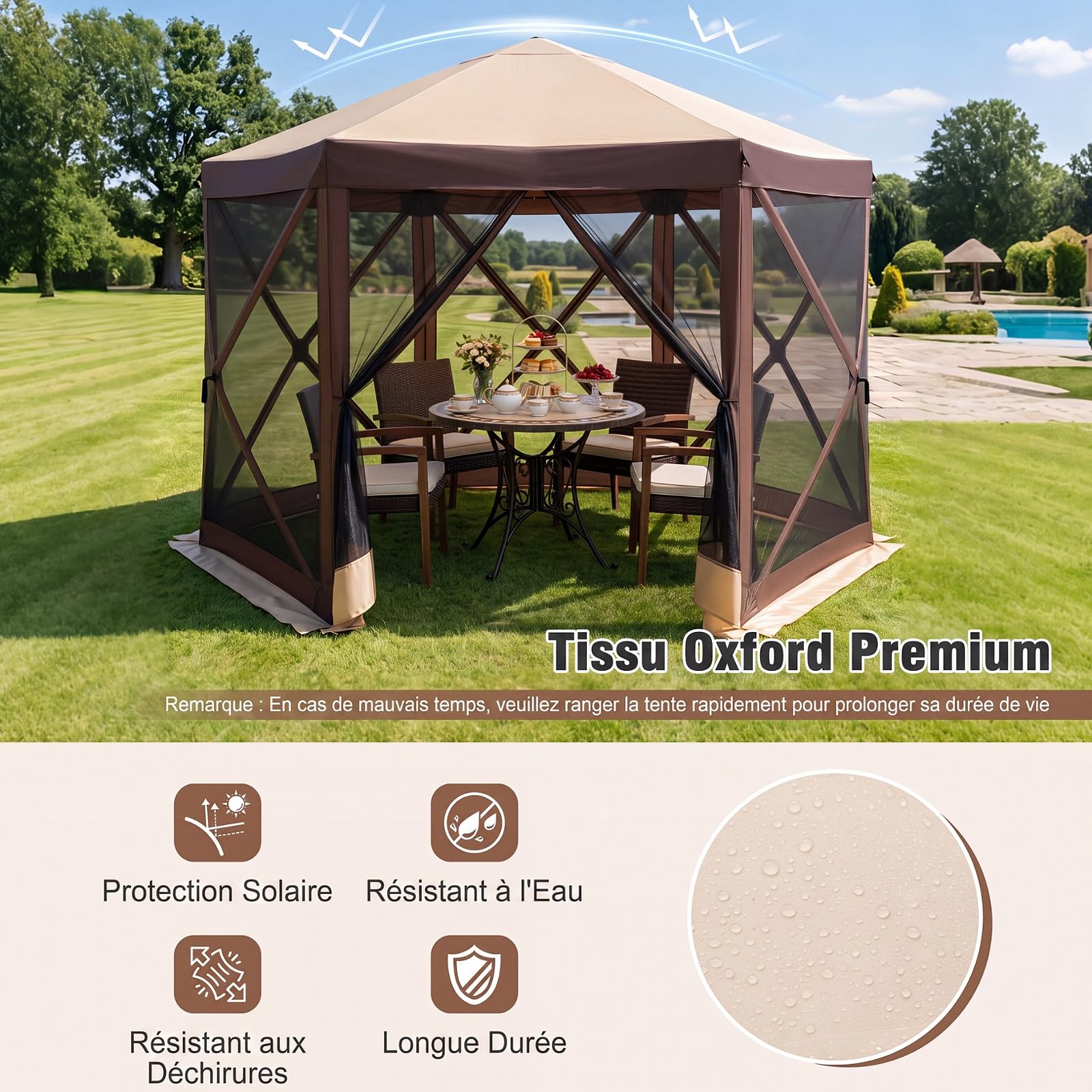 COSTWAY Tonnelle Pop-up avec Moustiquaire, Tente de Réception Pliante pour 4-6 Personnes, Barnum Gazebo de Jardin avec Toit Oxford, Abri Extérieur Hexagonale pour Camping Fête (295 x 295 x 220 cm)