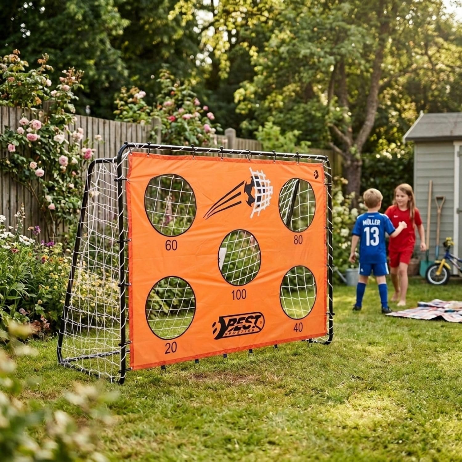 Best Sporting 2-in-1 Fußballtor mit Torwand Fan-Favorite | Fussball Tor mit 5 Schusslöchern (40cm), perfekt als Fussball Trainingszubehör - Punktesystem für spannende Turniere, 213 x 152 x 76 cm