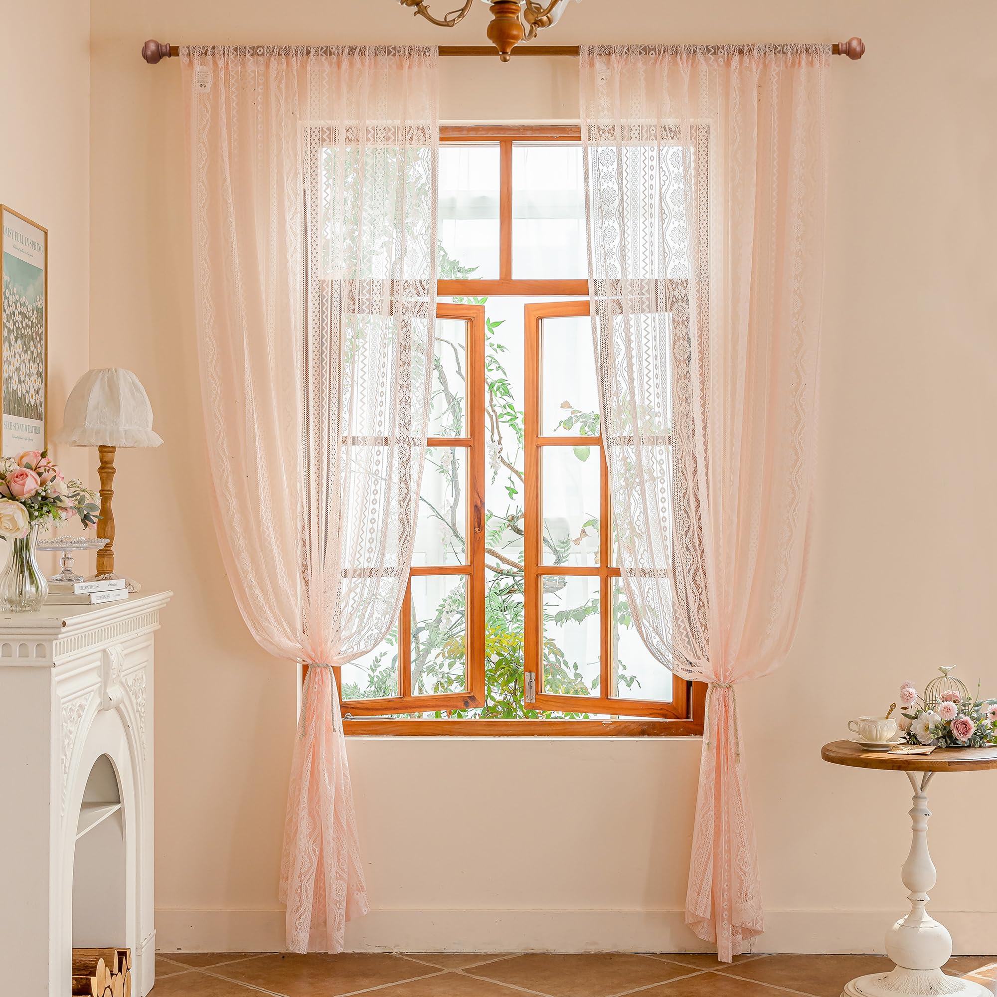 MYSKY HOME - Tende in pizzo per camera dei bambini per ragazze — Tende rosa per soggiorno e camera da letto, trasparenti, stile rustico, con tasca per asta, set da 2 pezzi, colore: rosa, 260 x 140 cm