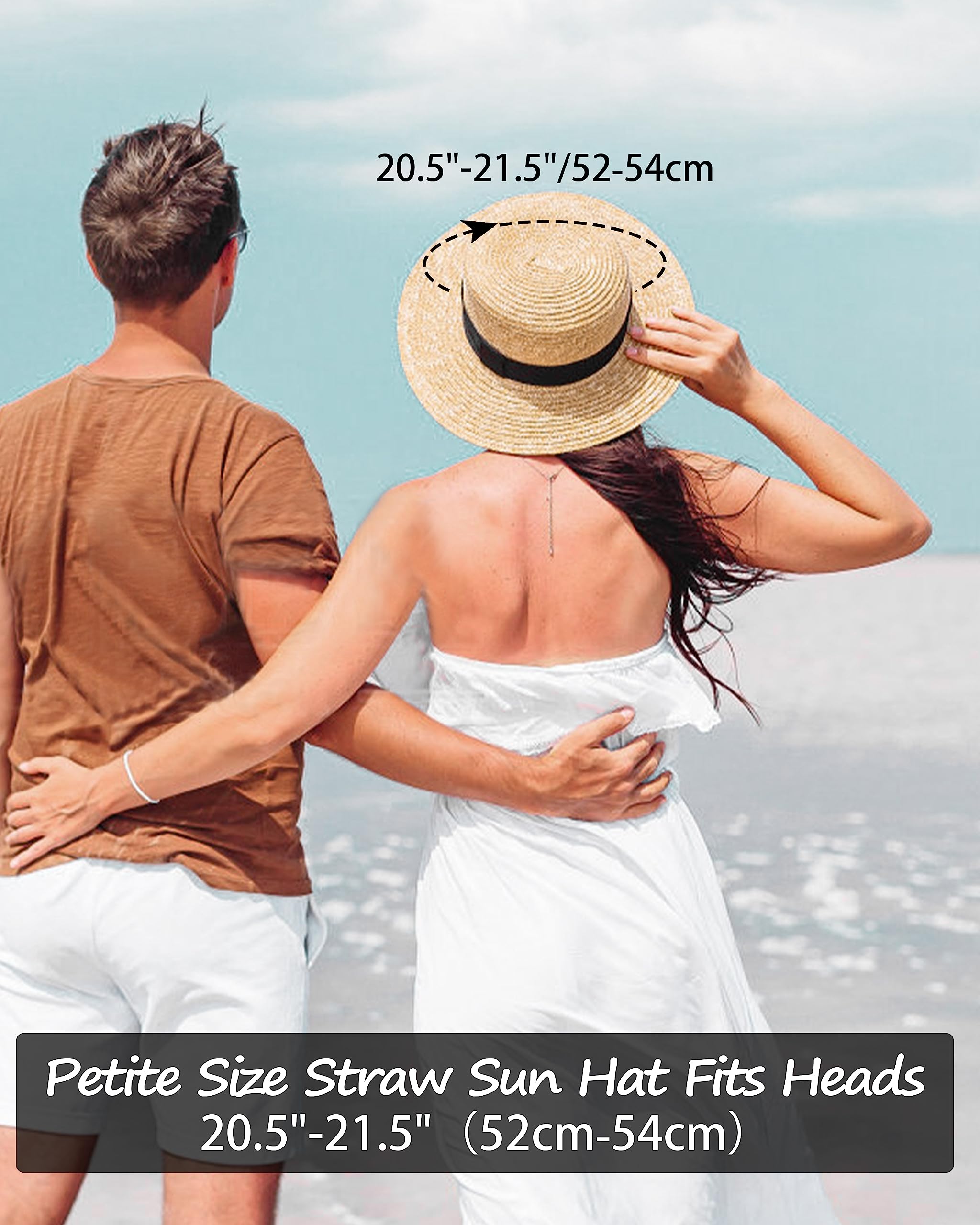 Zylioo Chapeau Panama Boater Petite tête UPF50+ Chapeau de soleil avec large bord Petites tailles Protection UV Chapeau de paille Taille XS-S, Chapeau plat d'été Vacances Chapeau de plage 52-54