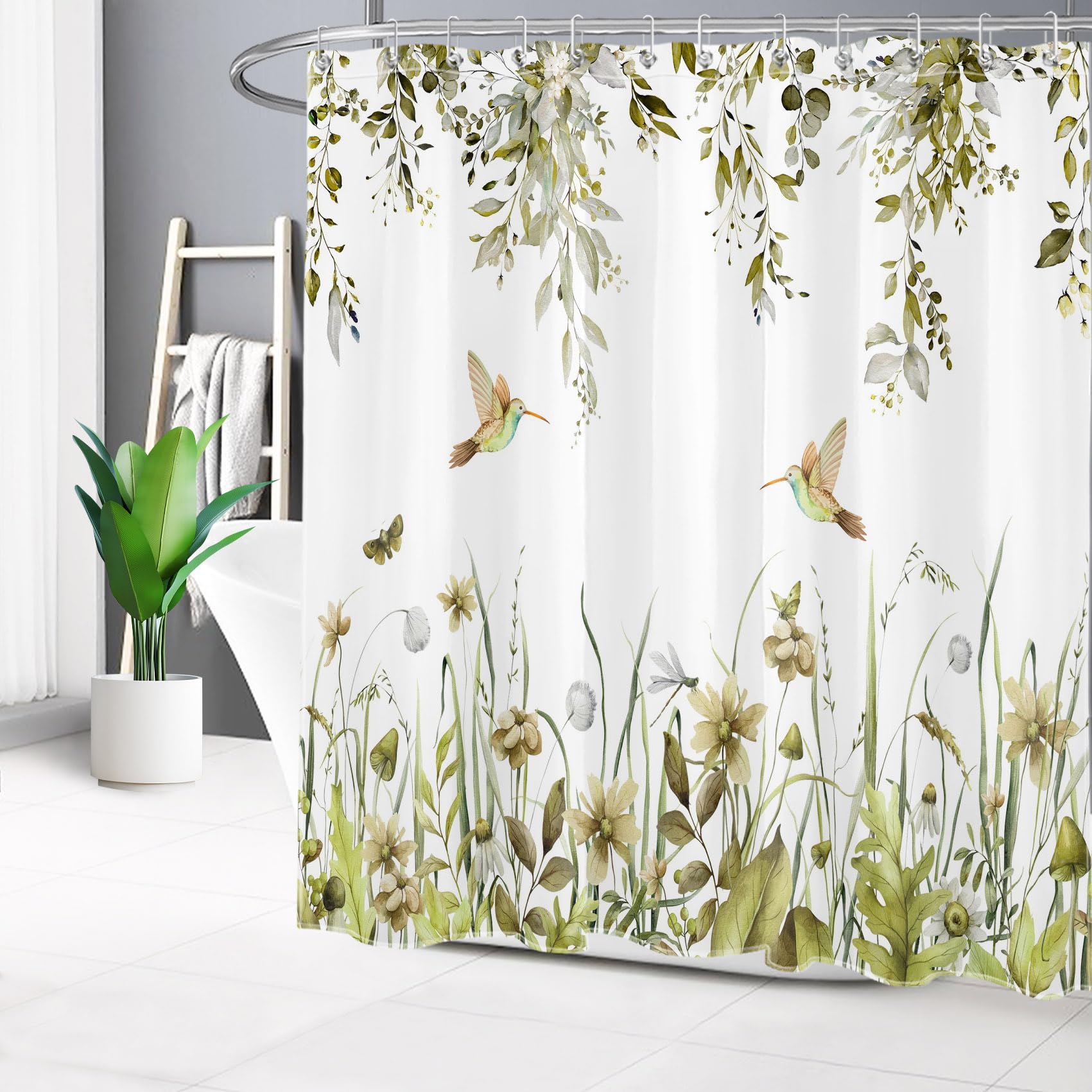Tenda Doccia Floreale Acquerello Con Fiori Verde Salvia – Impermeabile, 180x180 Cm, Set Con Ganci - 2