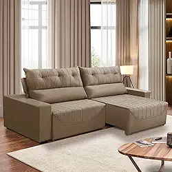 Sofá Retrátil e Reclinável 5 Lugares 3,00m Antonella Veludo Capuccino Adonai Estofados