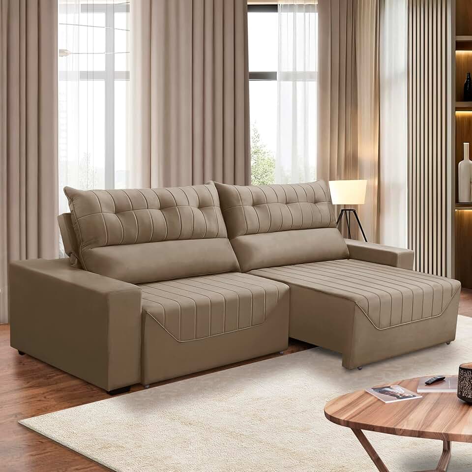 Sofá Retrátil e Reclinável 5 Lugares 3,00m Antonella Veludo Capuccino Adonai Estofados