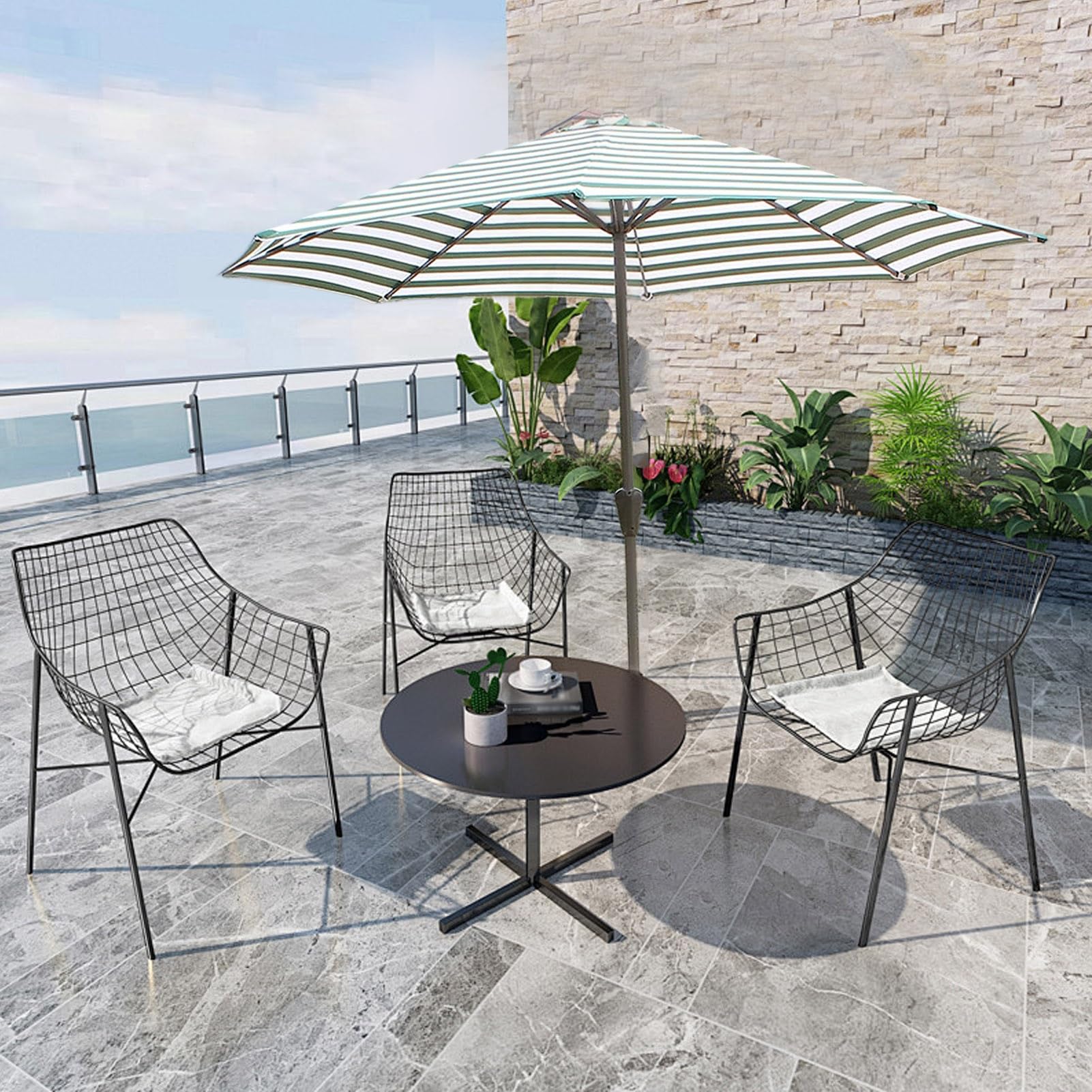 270 cm Parasol Patio z Korbą Ręczną, Zielony, Biały Pasek, Zewnętrzny Parasol Plażowy, Ochrona UV50+ Wodoodporny do Basenu, Werandy, Ogrodu, Podwórko