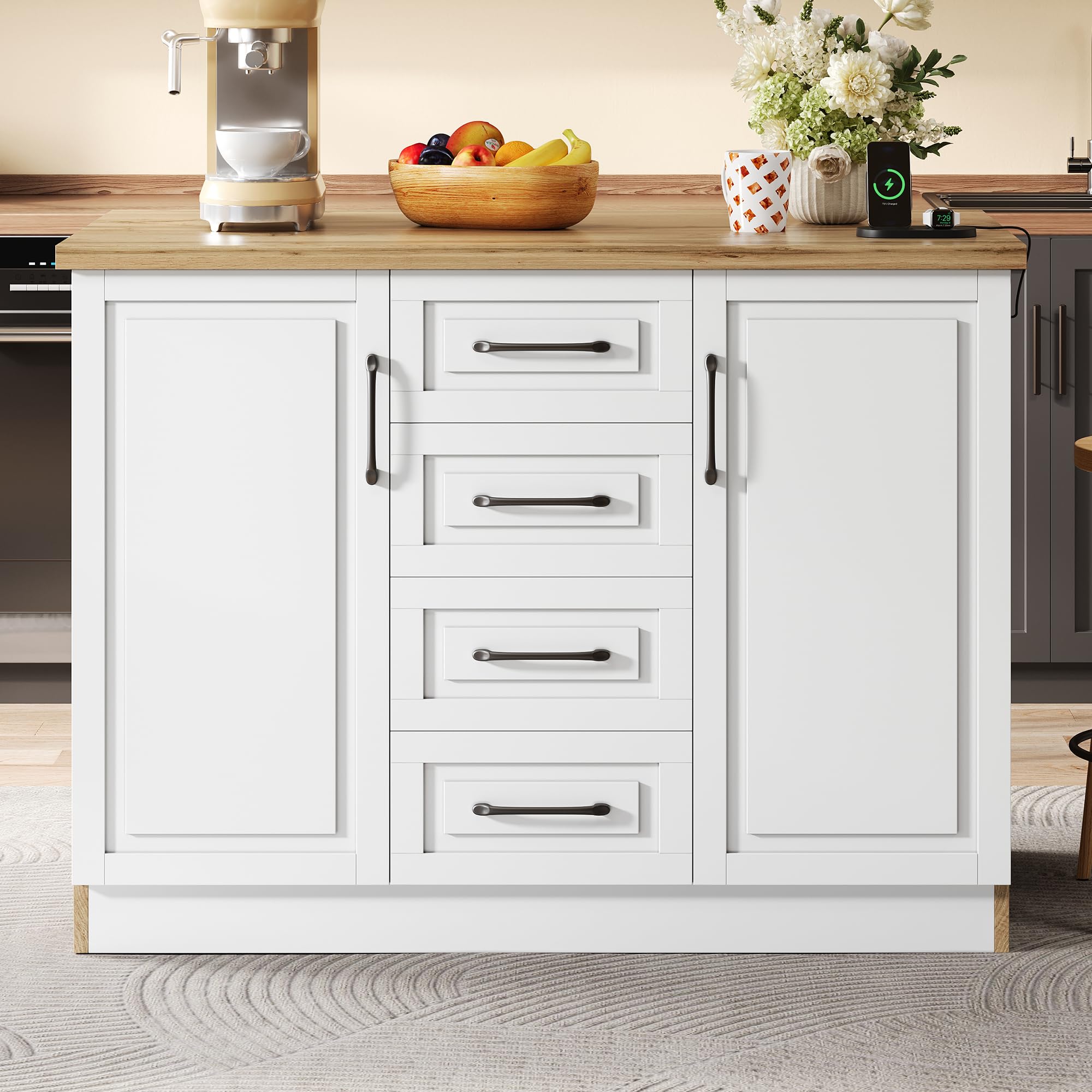 Isola da cucina con 4 cassetti e ripiani regolabili, grande isola da cucina per cucina, sala da pranzo e soggiorno, 120 × 60 × 90 cm, naturale + bianco