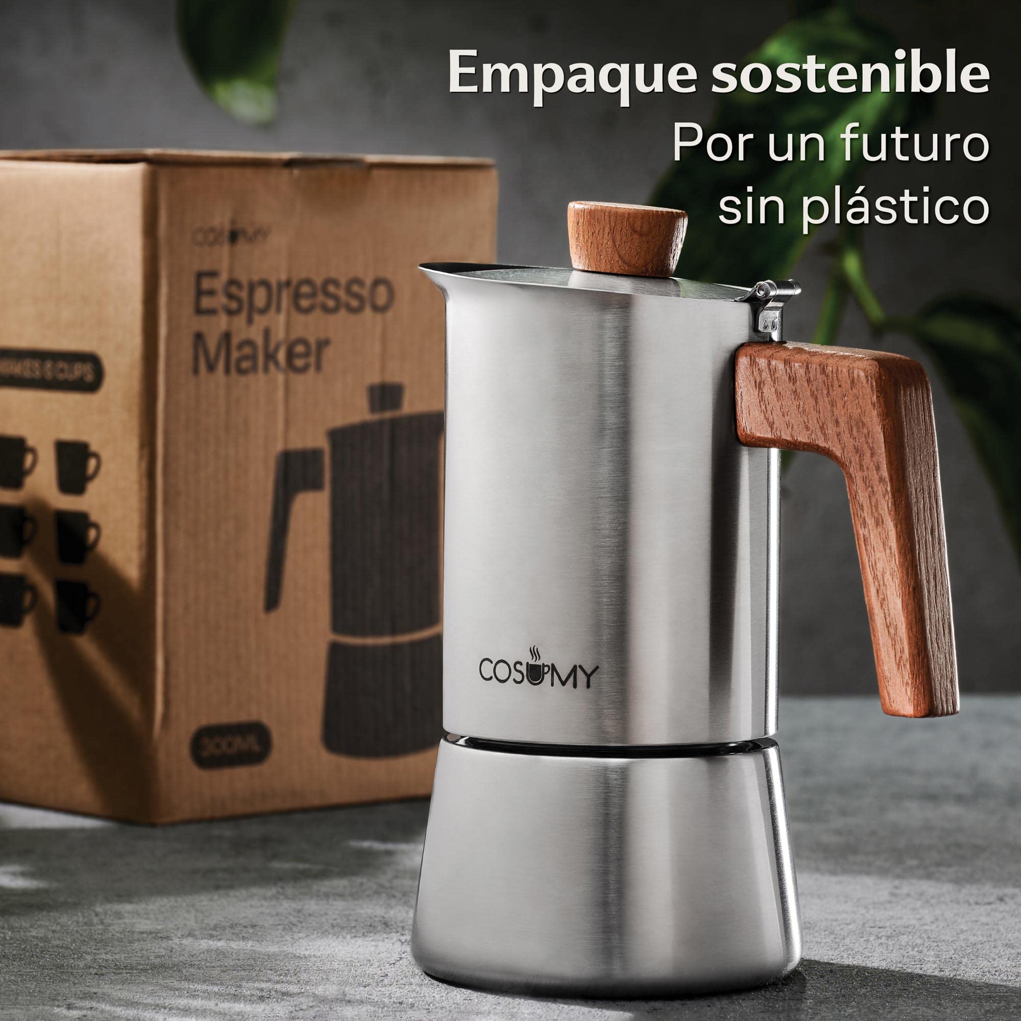 Cosumy Cafetera Espresso 6 tazas - Apta para inducción y todas las demás placas - Acero inoxidable y madera - 300ml