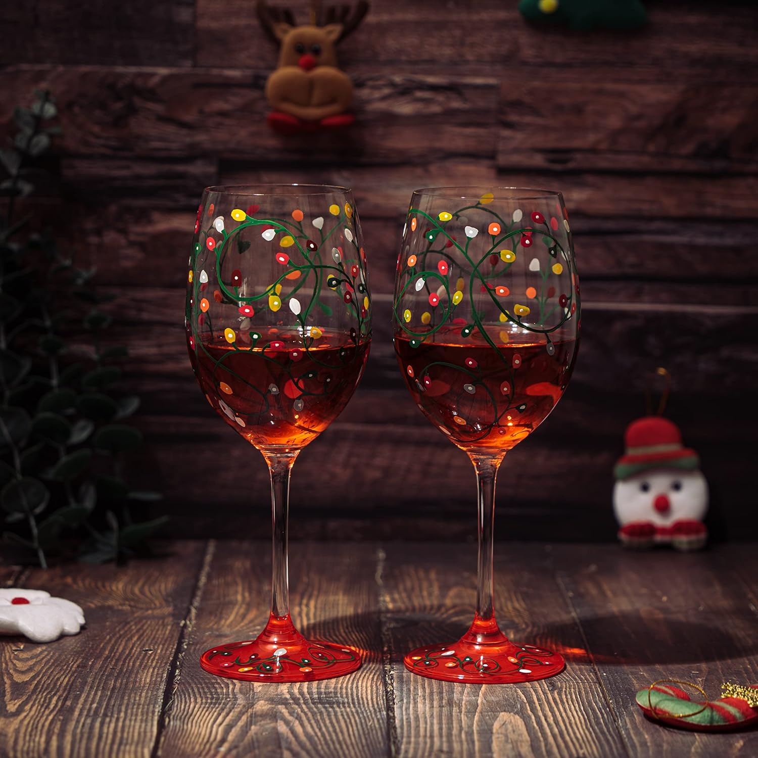 Festive Themed Lights Stemmed Wine & Water Glasses – Artisanal Hand Painted Ornament Light Bulb Design – Tree Motif – Set of 2, 21oz Decorative Glassware Party Wedding Gifts - Image 3