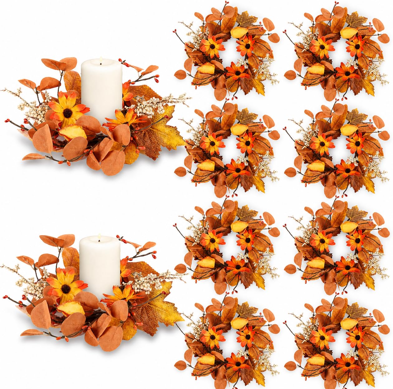 8 Pcs 3 Inch Fall Floral Candle Rings Wreath Autumn Harvest Sunflowers Leaves Table Centerpiece Mini Thanksgiving Wreath for Cabinets Farmhouse Front Door Decoration