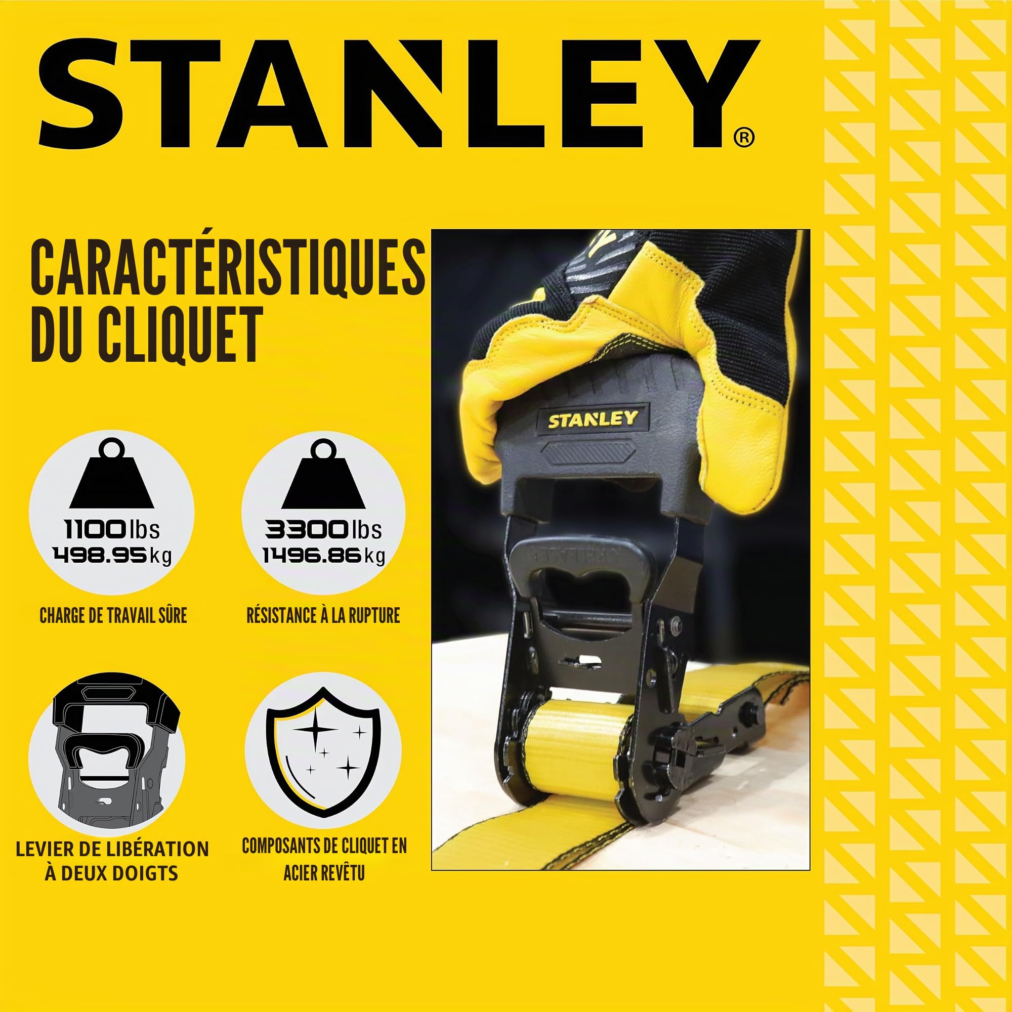 STANLEY S10074 Lot de 4 Sangles d'arrimage à cliquet 3,8 cm x 4,88 m - pour sécurisation de Charges Lourdes (résistance à la Rupture de 1 500 kg) – Noir/Jaune