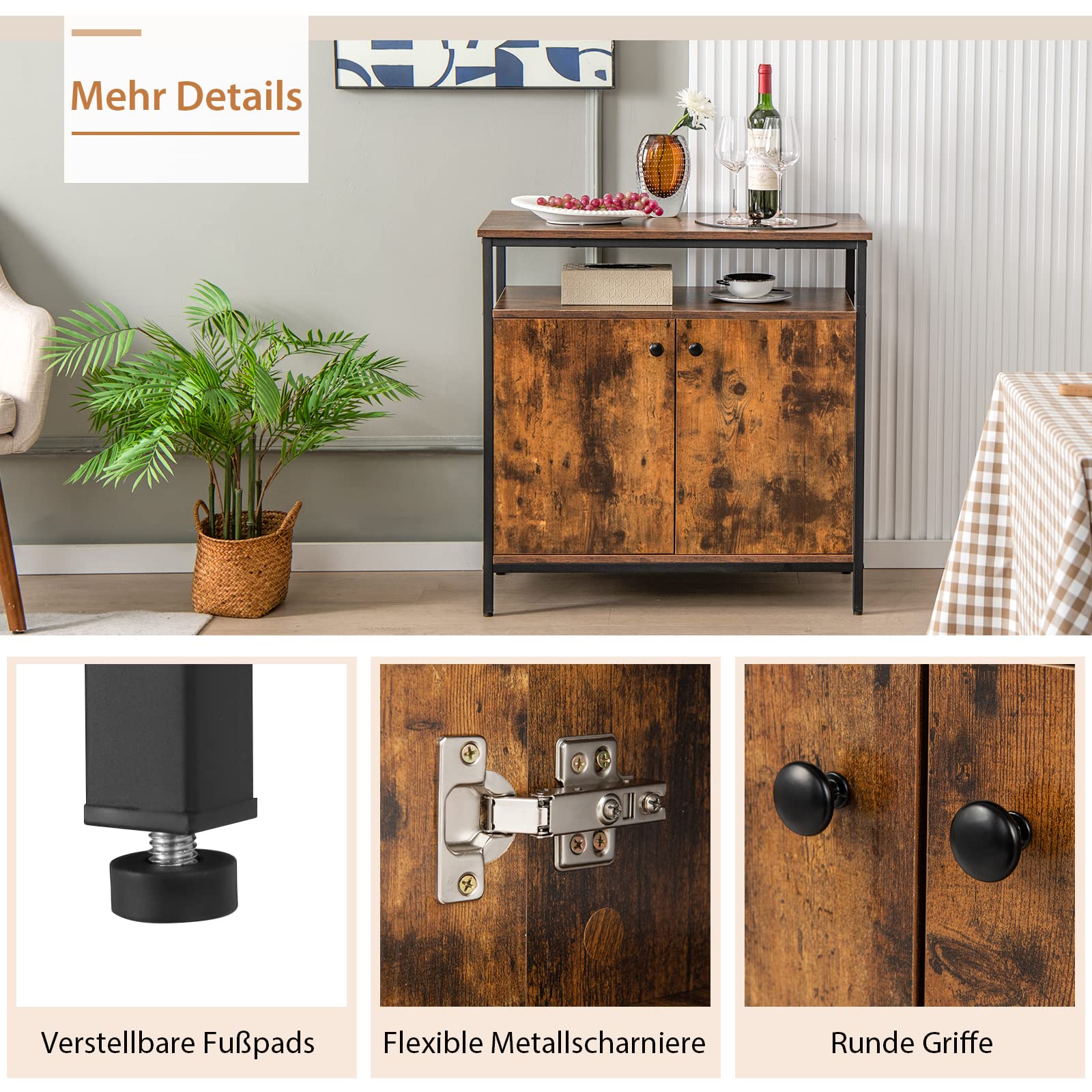COSTWAY Keukenkast, sideboard met laden, wijnrek, 2