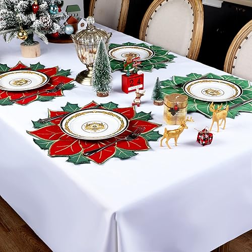 Miniatura 7 de Manteles individuales redondos de Navidad de flor de pascua, color rojo y verde, manteles individuales bordados con flores de Navidad, manteles