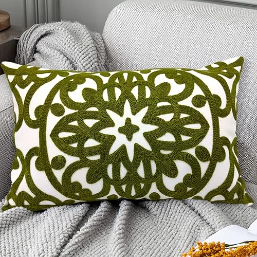Alysheer Funda de almohada decorativa lumbar bordada de 12 x 20 pulgadas, patrón clásico bohemio de mandala bordado de algodón, funda rectangular de