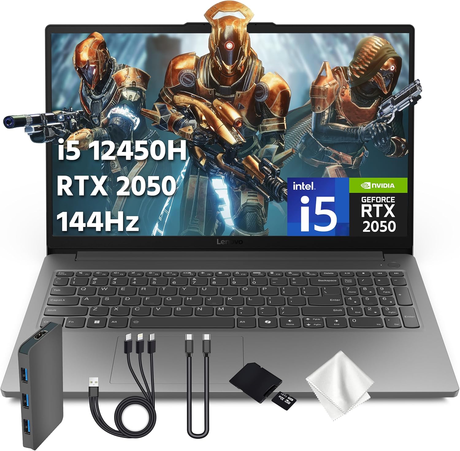 Lenovo LOQ 15.6″ 144Hz FHD Gaming Laptop, Intel i5-12450HX, NVIDIA GeForce RTX 2050 GDDR6, 8GB DDR5, 2TB Storage (1TB SSD&1TB Docking Station Set), Wi-Fi 6, Numeric Keypad, Win 11 Pro, Gray