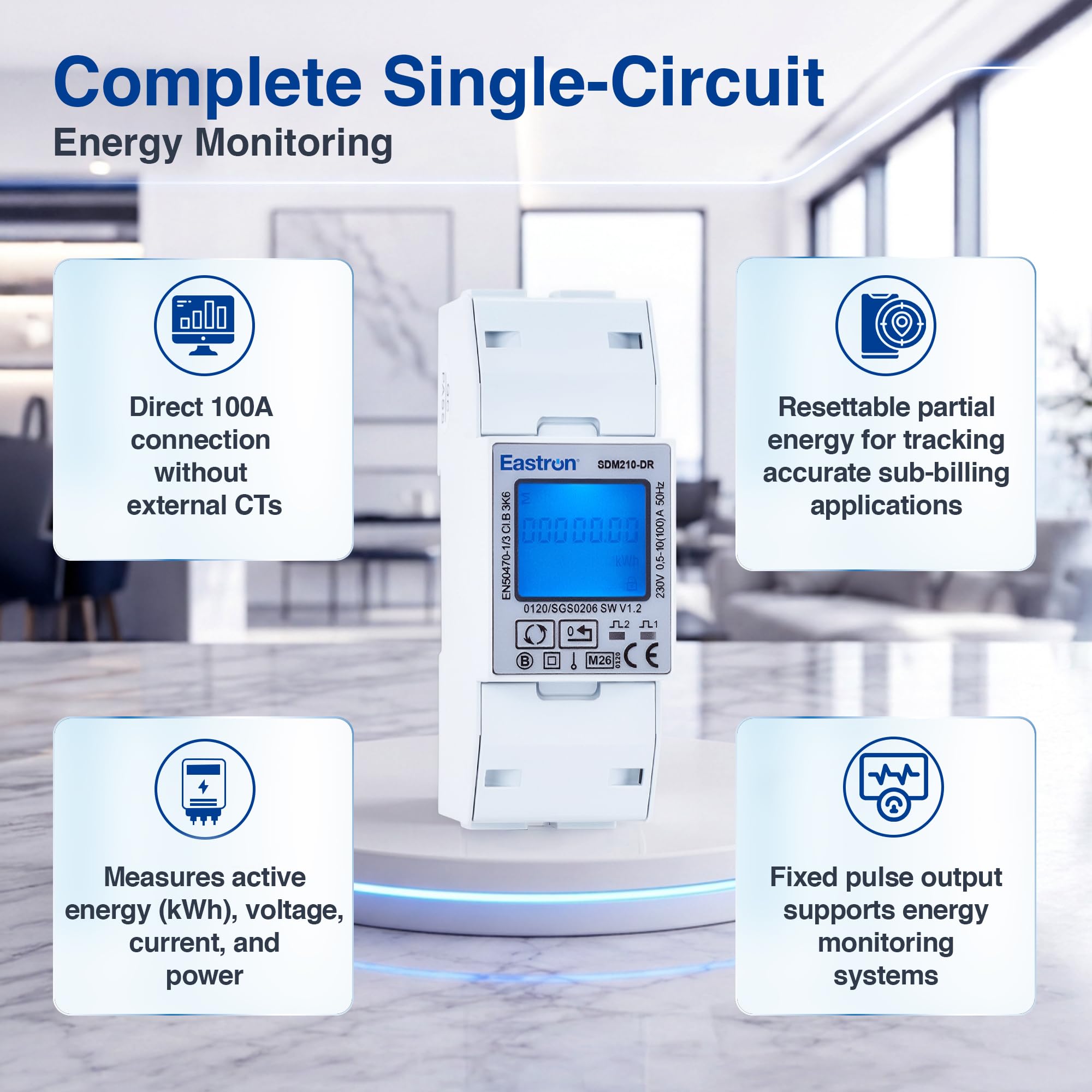 Compteur d'énergie monophasé Modbus, avec entrée électrique - 100A, sortie impulsionnée fixe 1000imp/kWh - Nécessite des entrées de tension secteur (phase et neutre entrée et sortie) - SDM210-DR-MID