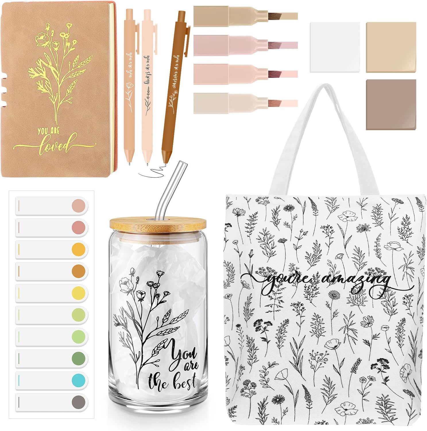 14 Pcs Inspirational Journal Kit for Women Aesthetic A6 Leather Journal Notebook Glass Cup Canvas Tote Bag Motivational Pens Thank You Gifts for Case Management Week Study Supplies(White) as pictures shown