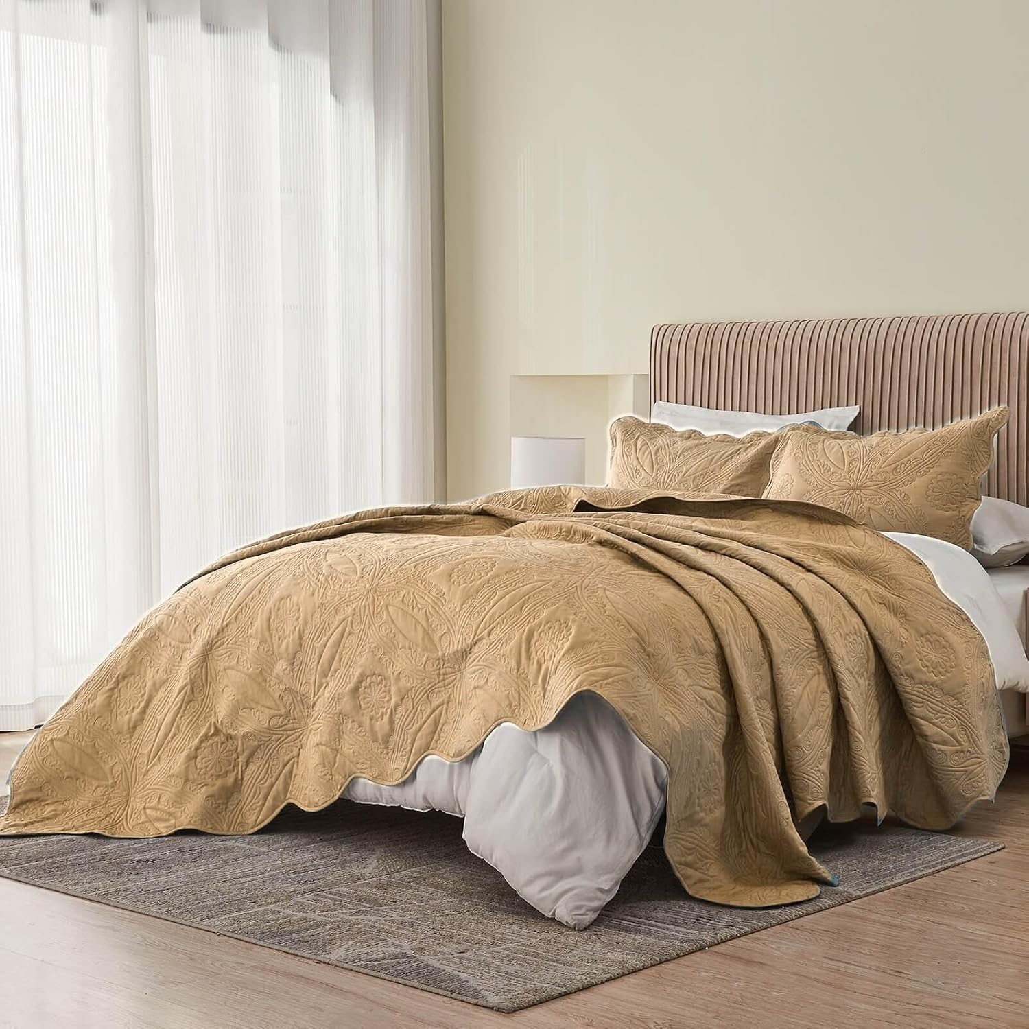 Kingnex Oversized King Bedspreads 128x120 for Extra Wide Tall King or Cal King Bed Ultrasonic Quilted Coverlet Set 3 Piece Include 1 Quilt 2 Pillowcases Beige