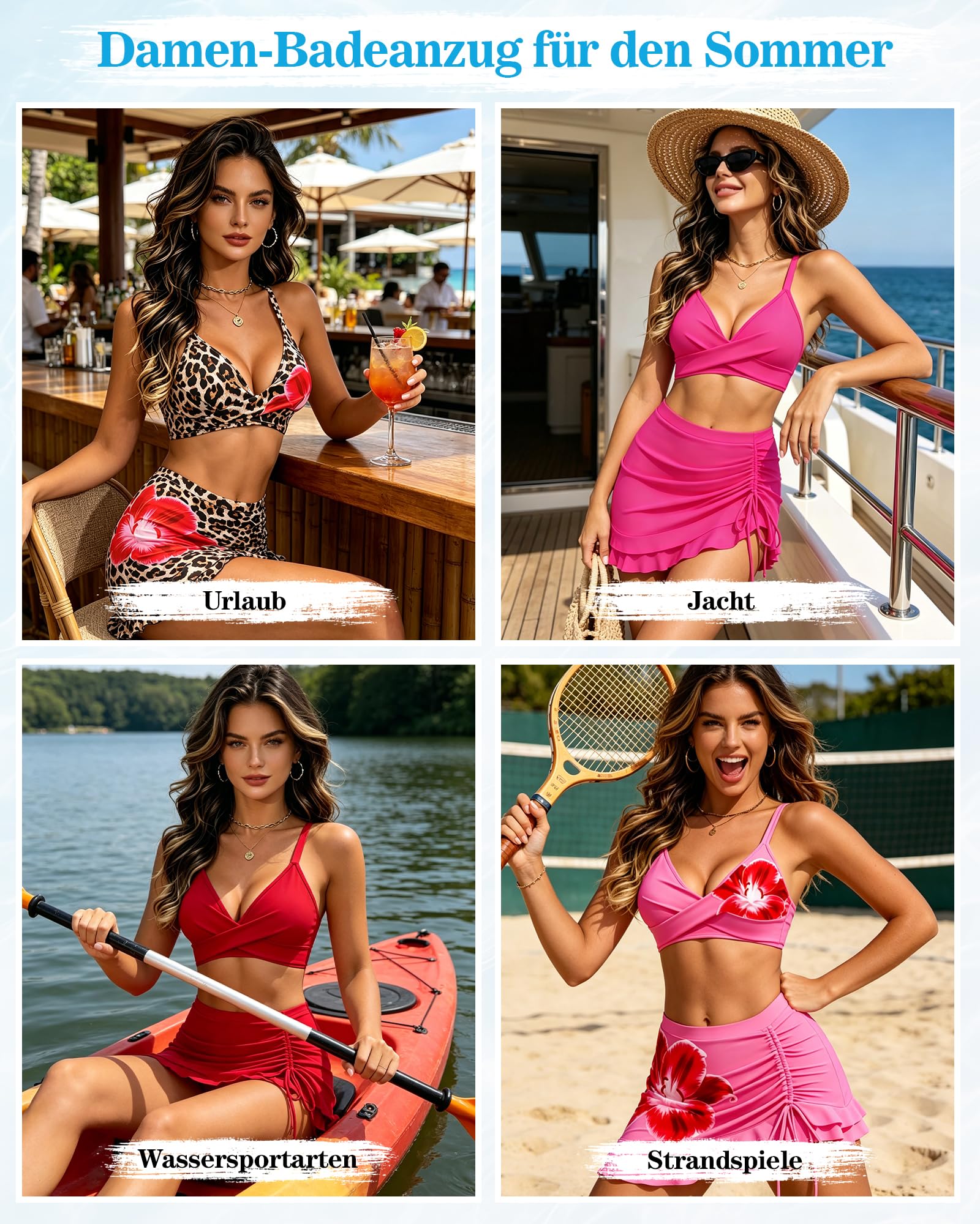 HORISUN Damen 3-Teiliges Bikini Set, High Waist Twist Front V-Ausschnitt Badeanzug Rock & Separatem Höschen Swimsuit