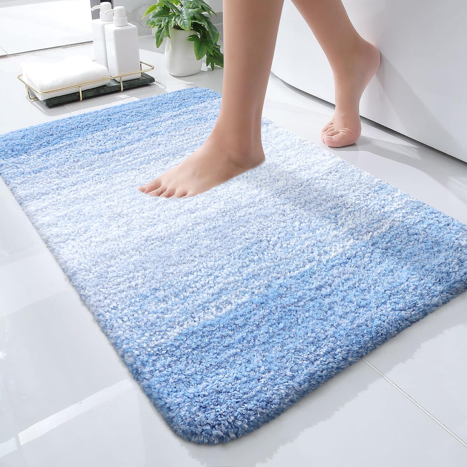 OLANLY Small Bathroom Rugs 24x16, Extra Soft Absorbent Microfiber Bath Rugs | Light Blue, Non-Slip Quick-Drying Rubber Backing, Washable Plush Bath Mat for Floor, Tub and Shower, Home Decor Accessories