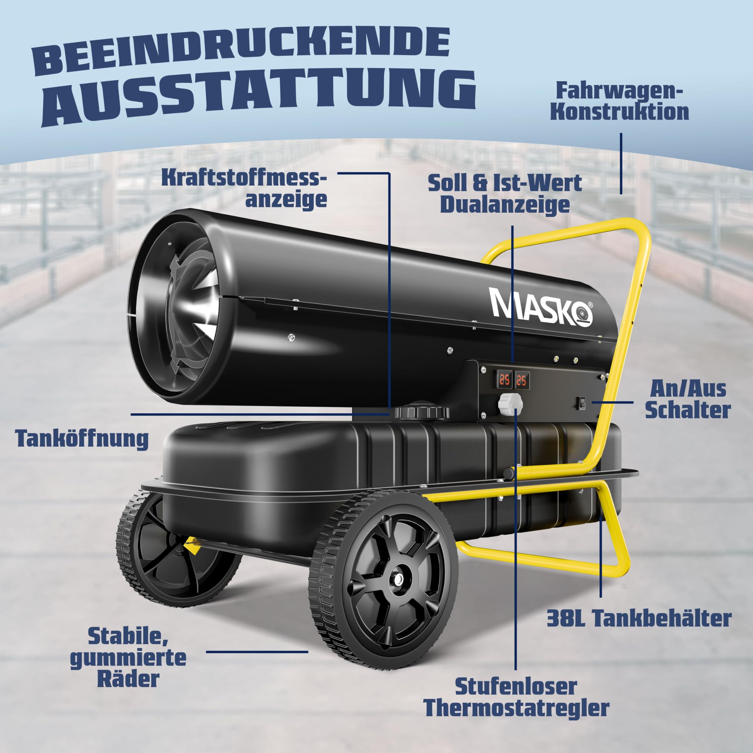 Masko® Cañón de calefacción 30 kW, secador de construcción, Calentador de Aire Caliente, Calentador de Ventilador, Tanque de 34 l con termostato, Calentador de Aceite, Amarillo/Negro