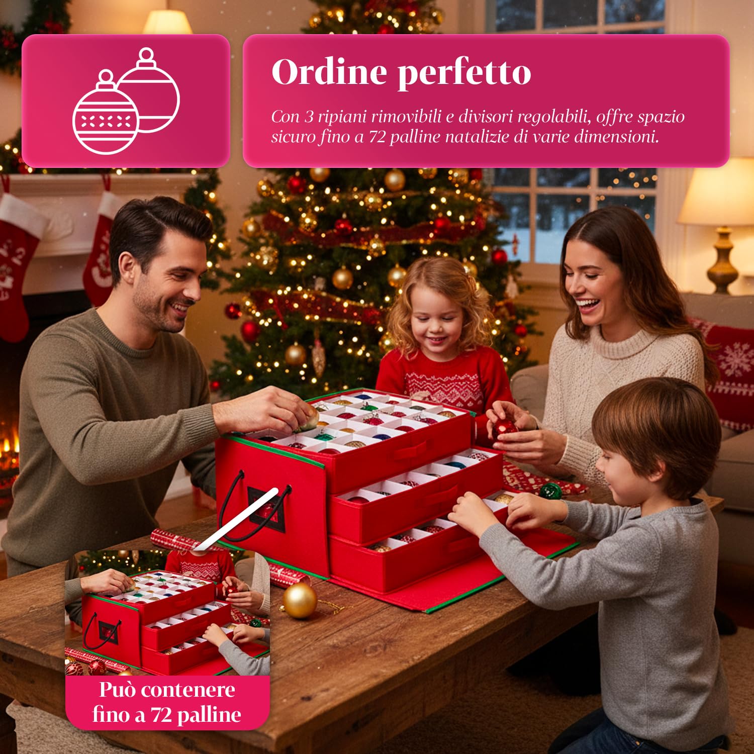 Avilia – Scatola Porta Addobbi di Natale con 3 Cassetti Estraibili per 72 Palline di Natale, Struttura Rigida in TNT 51x35x24 cm, Zip Robusta e Etichetta Trasparente per Conservazione Ordinata