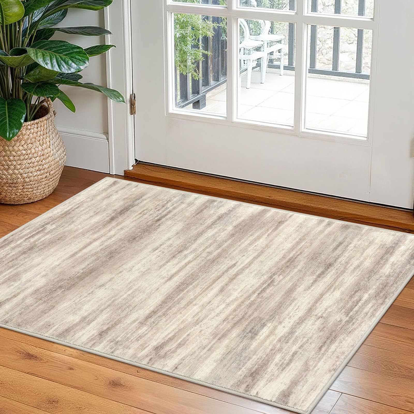 KOZYFLY Modern Abstract Rugs for Entryway 2x3, Washable Kitchen Rug Non-Slip Soft Small Bathroom Rug, Beige Brown Striped Small Area Rugs Print Faux Wool Doormat for Bedside Entrance Bedroom Sink — image 1