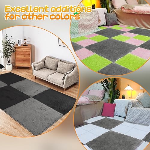 Miniatura 3 de Tapete ampliado de espuma de felpa entrelazada de 23.6 pulgadas para niños, 6 azulejos cuadrados de espuma entrelazados de 0.6 pulgadas de grosor