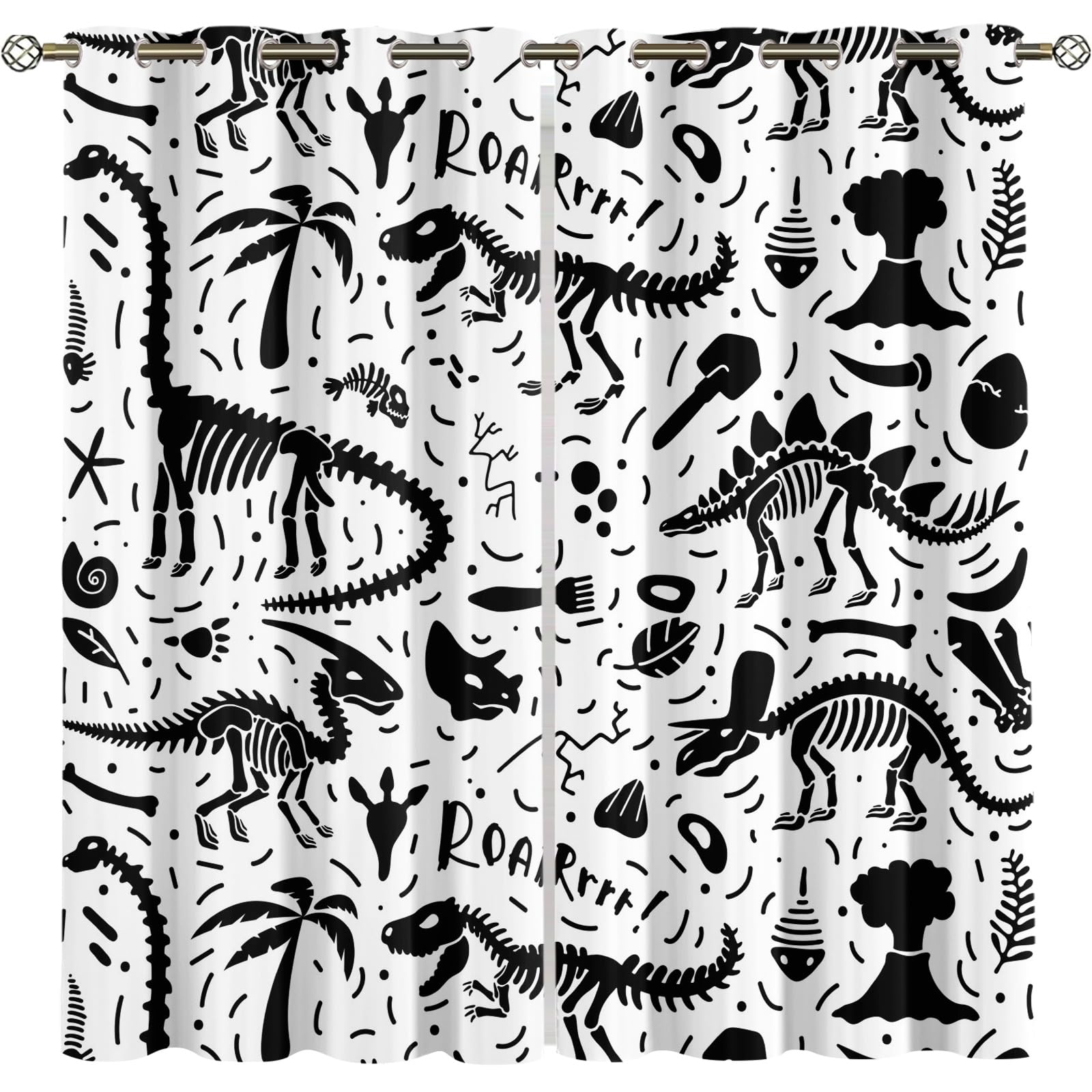 Cartoon Dinosaur Curtains, Black Dinosaur Skeleton Pattern Kids Room Curtains, Primitive Animal Bones Print 2 Panels Privacy Protect Blackout Drapes for Bedroom Decor Drapes-31 W X 72