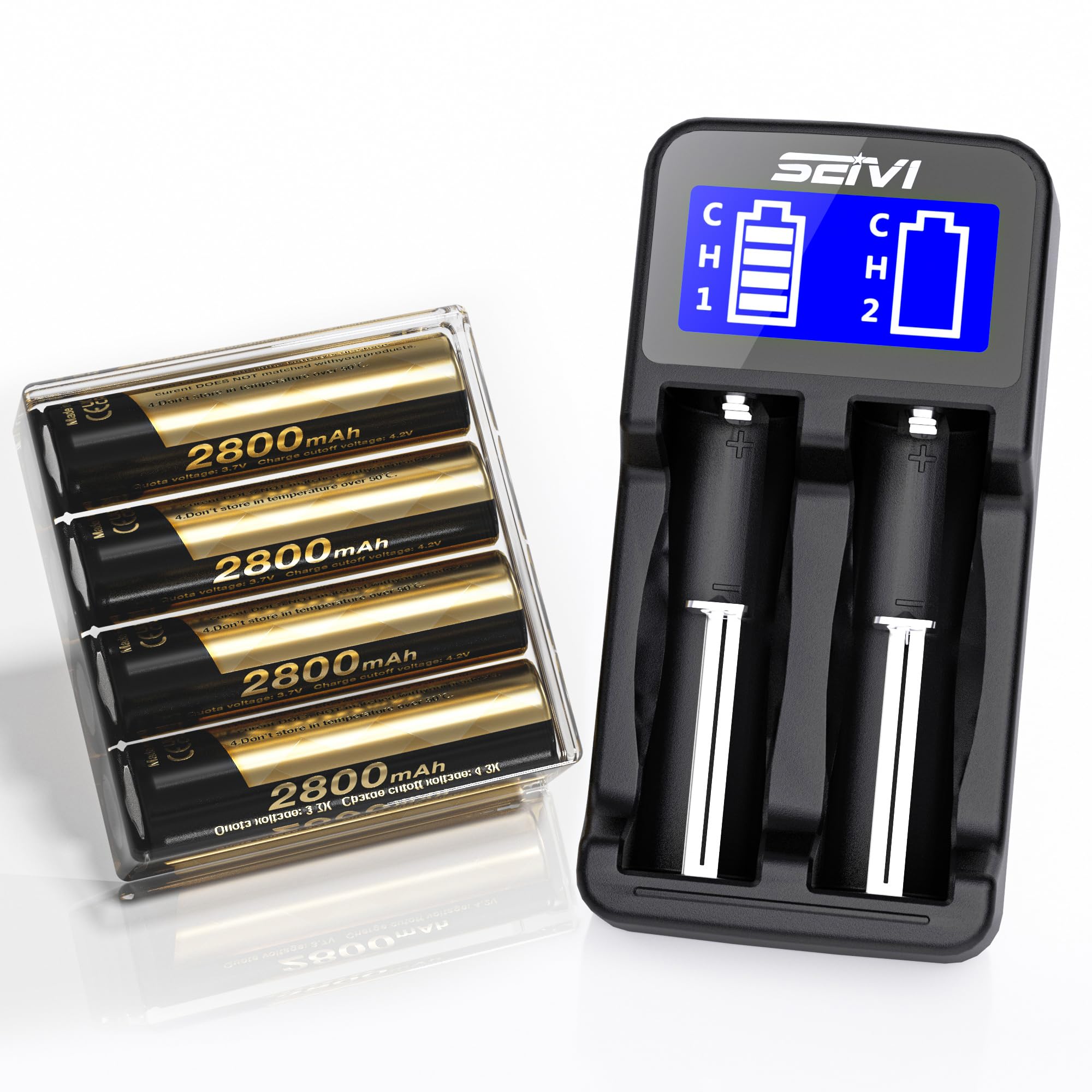 SEIVI Lananker 4 Pack 3.7 V 18650 Rechargeable Battery Flat top with Charger, 2800 mah 18650 Battery for Flashlight