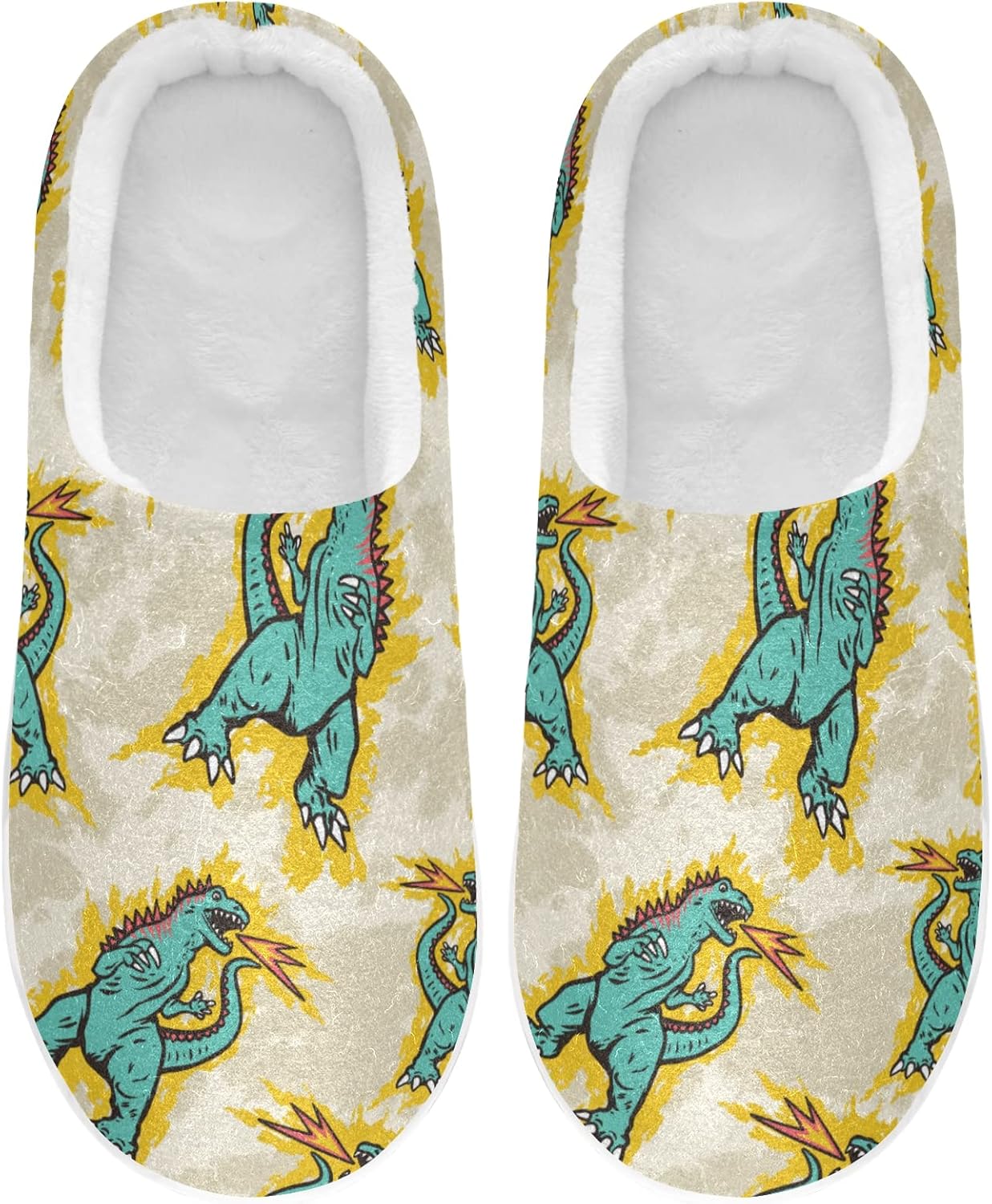 JUNZAN Angry Dino Tie Dye Men's Women's Memory Foam House Slippers Non Skid Soft Warm Sole Coral Fleece Slip-on Closed Toe Hand Free Shoes for Bedroom Travel
