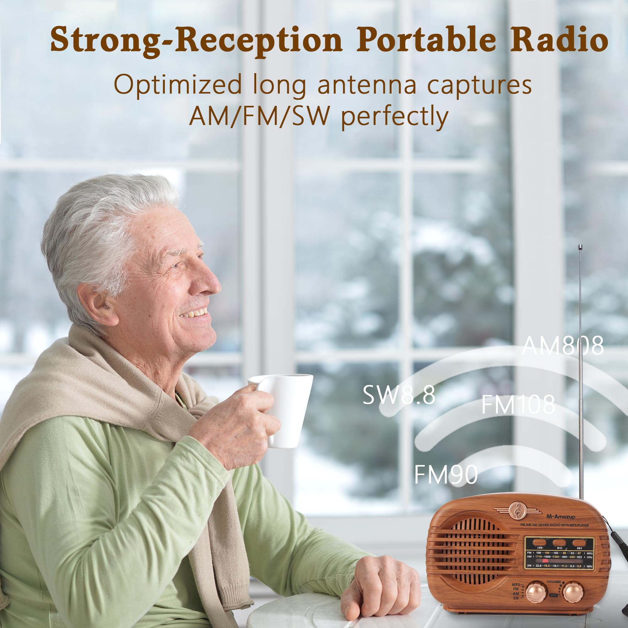 Radios portables AM FM SW, radio rétro avec haut-parleur, radio transistor Bluetooth 5.3, alimentée par batterie rechargeable, TWS, prend en charge carte TF/MP3/USB, cadeaux pour seniors