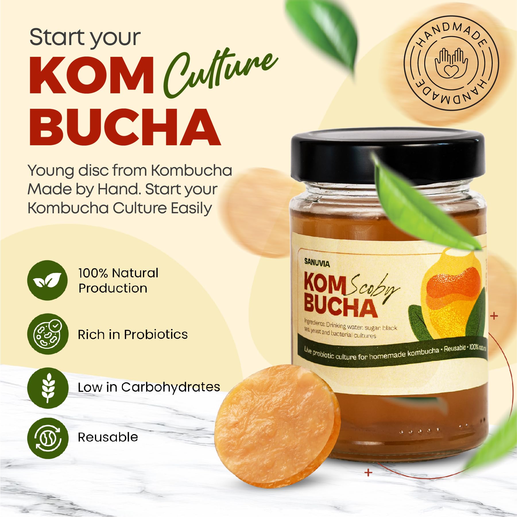 SANUVIA Kombucha SCOBY Starter Culture – Hongo de té con 300 ml de té iniciador en frasco de vidrio – Vegano, cultivo vivo, reutilizable