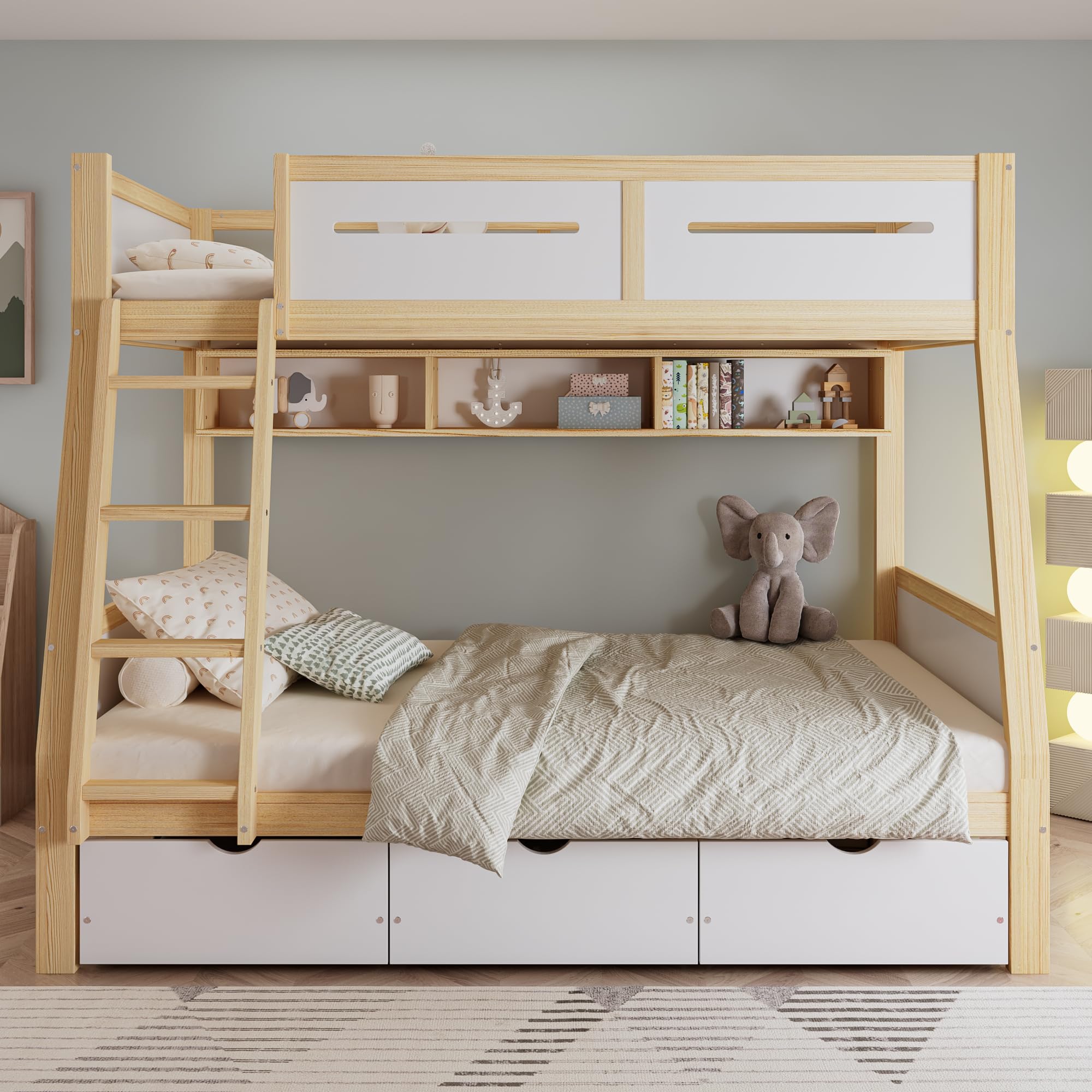 Lettino a castello, 90 x 200 cm e 120 x 200 cm, tre cassetti con ruote, 2 m, recinzione sicura su quattro lati e scala a pioli, pino + MDF + compensato, bianco e naturale