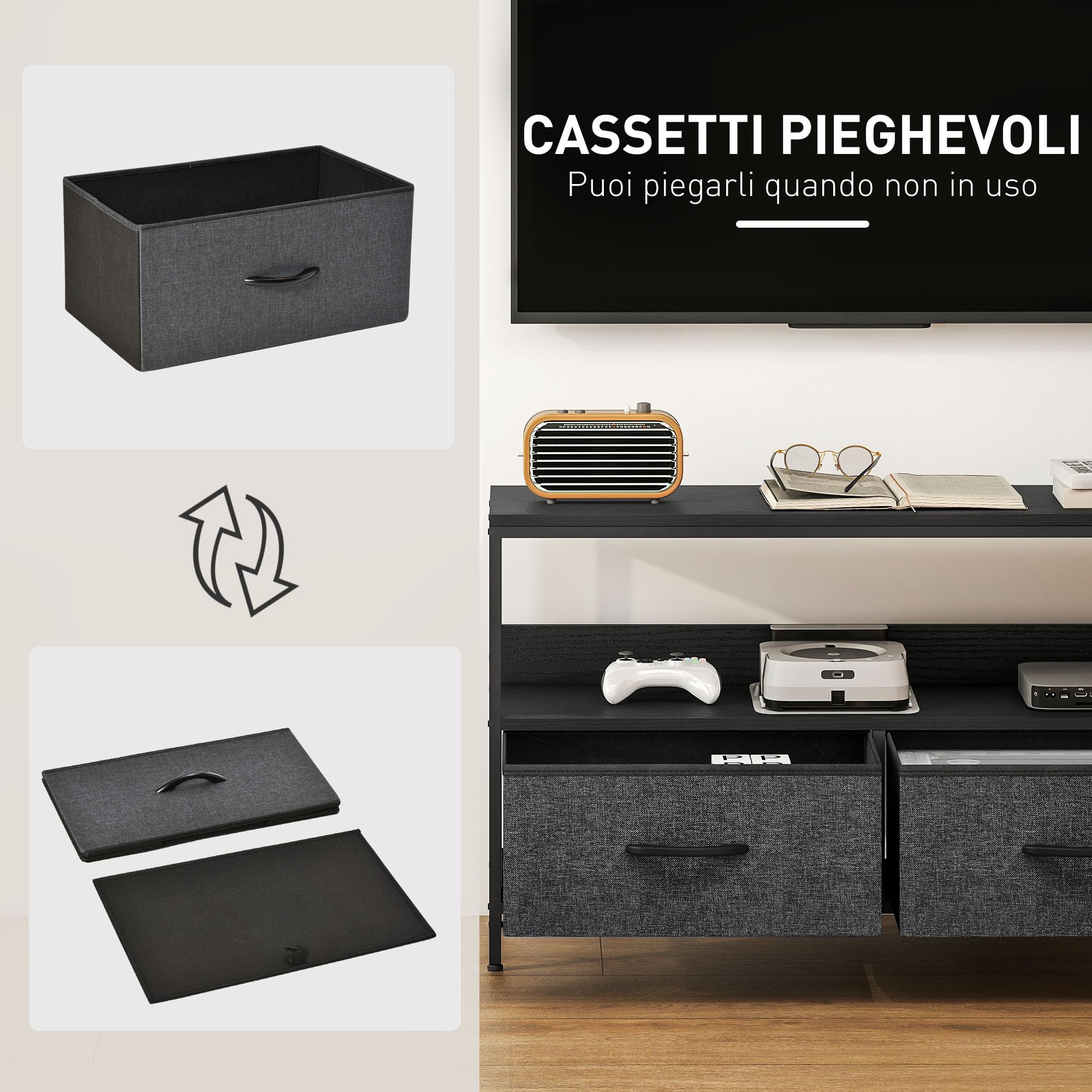 HOMCOM Mobile TV, Mobile Porta TV Fino a 47" con 2 Cassetti Pieghevoli in Tessuto e Mensola, Mobiletto per Televisore per Soggiorno, Camera da Letto e Salotto, 98x29x56 cm, Nero