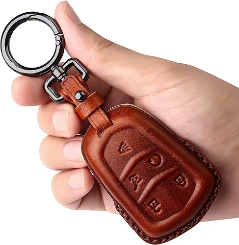 Tukellen Funda de cuero para llavero Cadillac con llavero de cuero, protección completa de 360 grados, compatible con Cadillac Escalade CTS SRX XT5