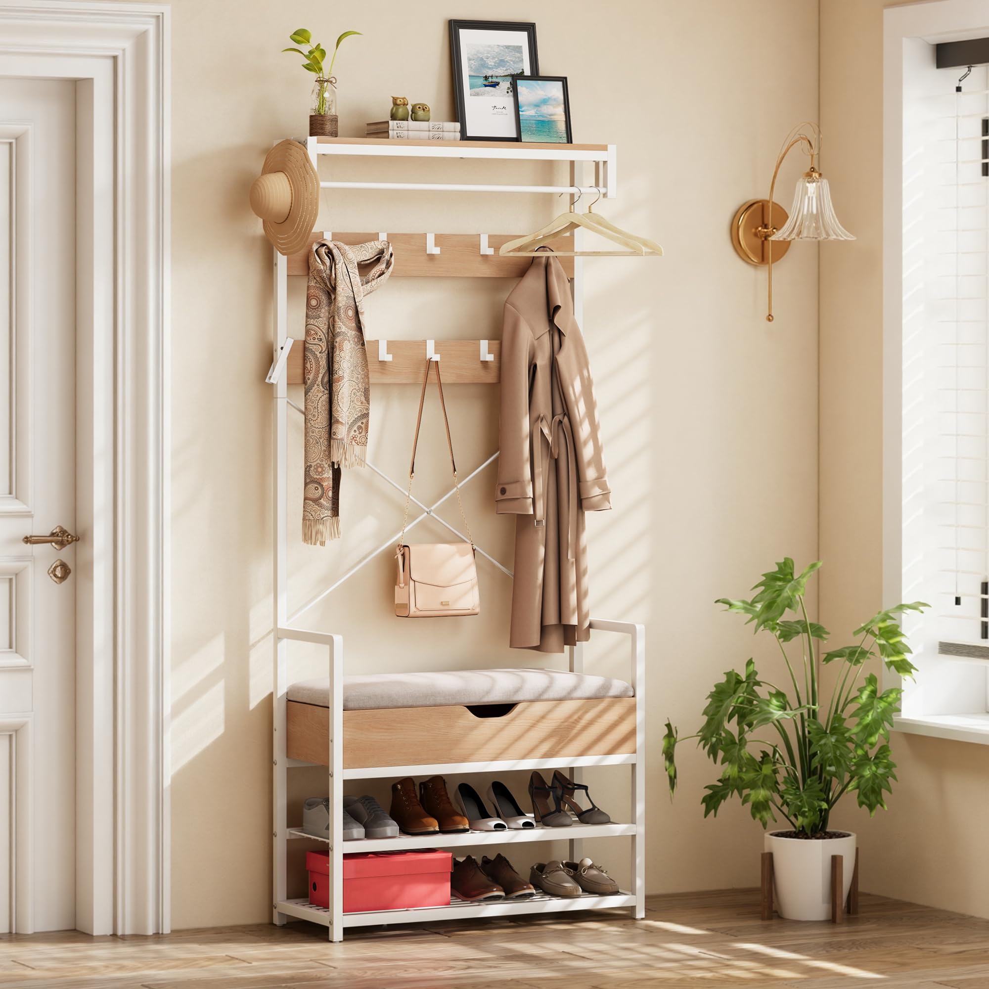 YITAHOME Garderobenständer mit Sitzbank, Garderobe mit Schuhregal, Modulares Kleiderständer Separat Verwendbar, Fach unter Sitzkissen, 10 Haken, Obere Ablage, für Flur, Schlafzimmer, Weiß