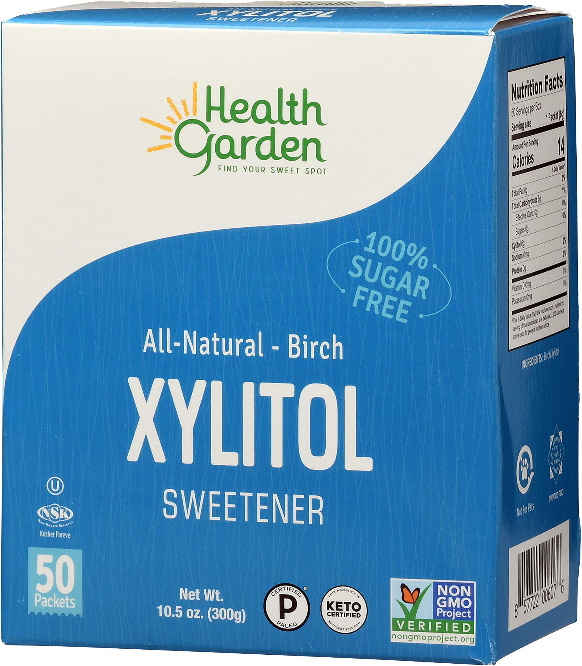 Health Garden Birch Xylitol Sweetener - 50 Packets - Pure Birch Xylitol - Non GMO, Kosher, and Made in the U.S.A. - Ideal Powdered Sugar Substitute - Non-GMO Sugar Alternative