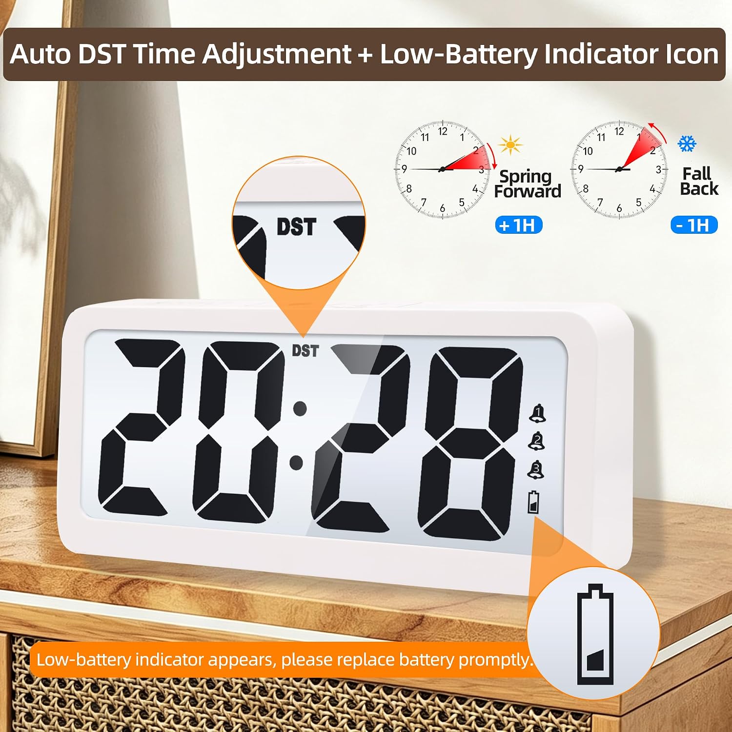 Digital Alarm Clock for Bedroom Large Display Timer Adjustable Backlight, Auto DST, 3 Alarms 25 Selectable Ringtones, Battery Operated Wall Mountable & Tabletop Electronic Clock for Home Office